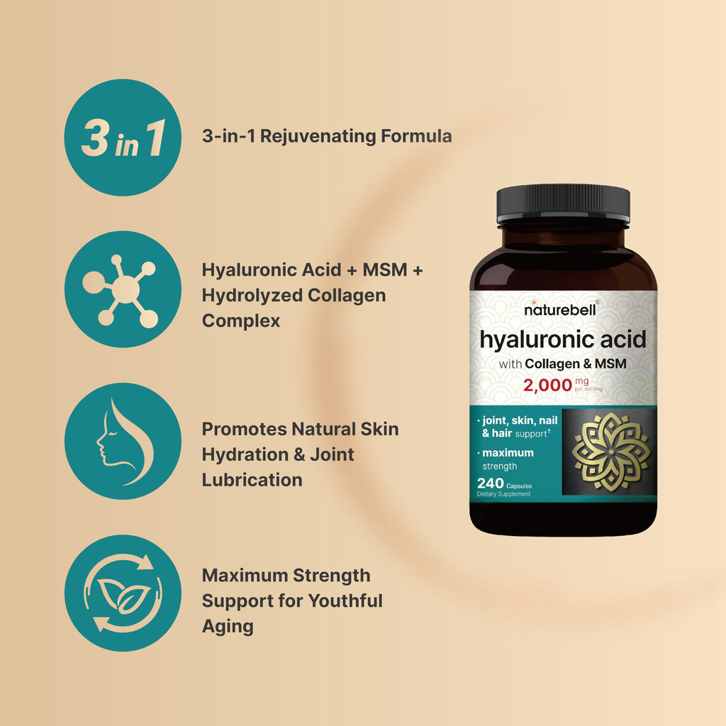 NatureBell 2 Pack Hyaluronic Acid 2000 mg | 480 Capsules with MSM & Hydrolyzed Collagen – Skin Hydration, Joints, Hair & Eyes