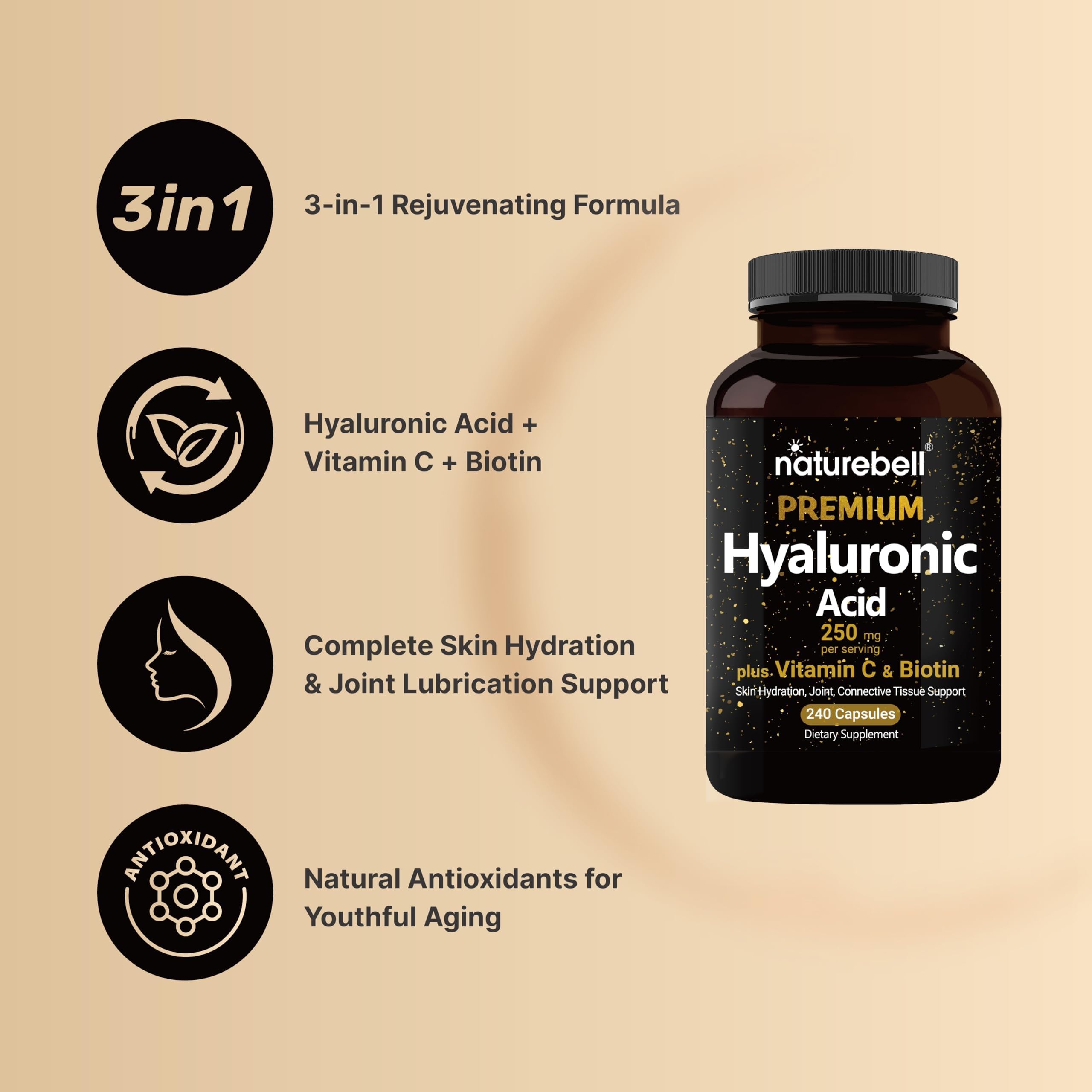 NatureBell Hyaluronic Acid 250mg – 240 Capsules with Biotin & Vitamin C (3-in-1)