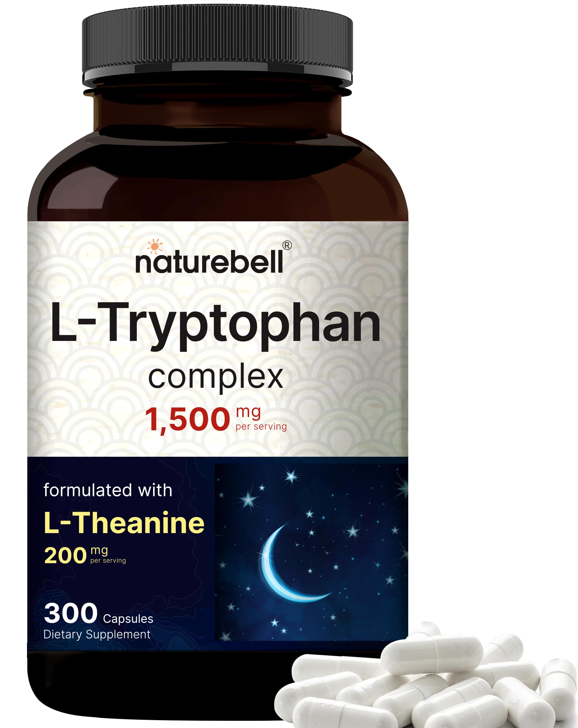 NatureBell L-Tryptophan 1300mg + L-Theanine 200mg | 300 Caps | Calm & Relaxation