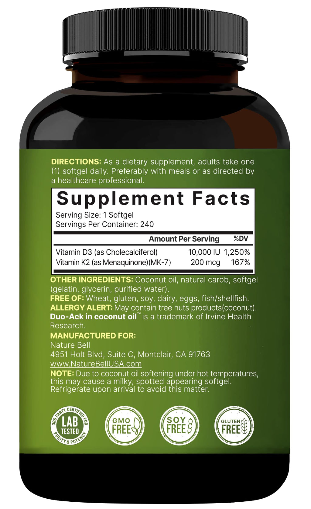 NatureBell Vitamin D3 10,000 IU + K2 200 mcg (MK-7) - 240 Softgels, Coconut Oil, Non-GMO