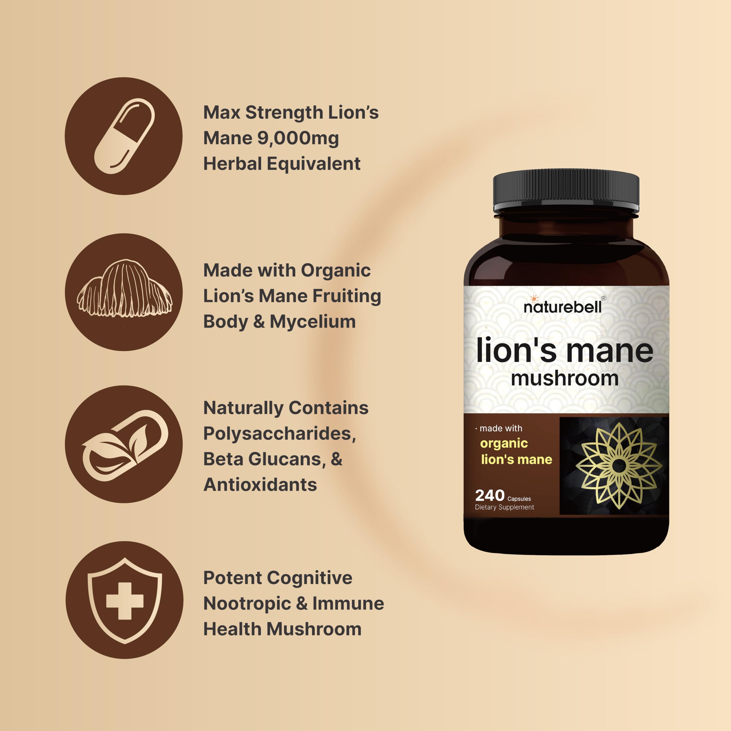 NatureBell Lion's Mane Mushroom Capsules – 240 (120-Day Supply) Organic Extract, Brain & Immune Support, Non-GMO