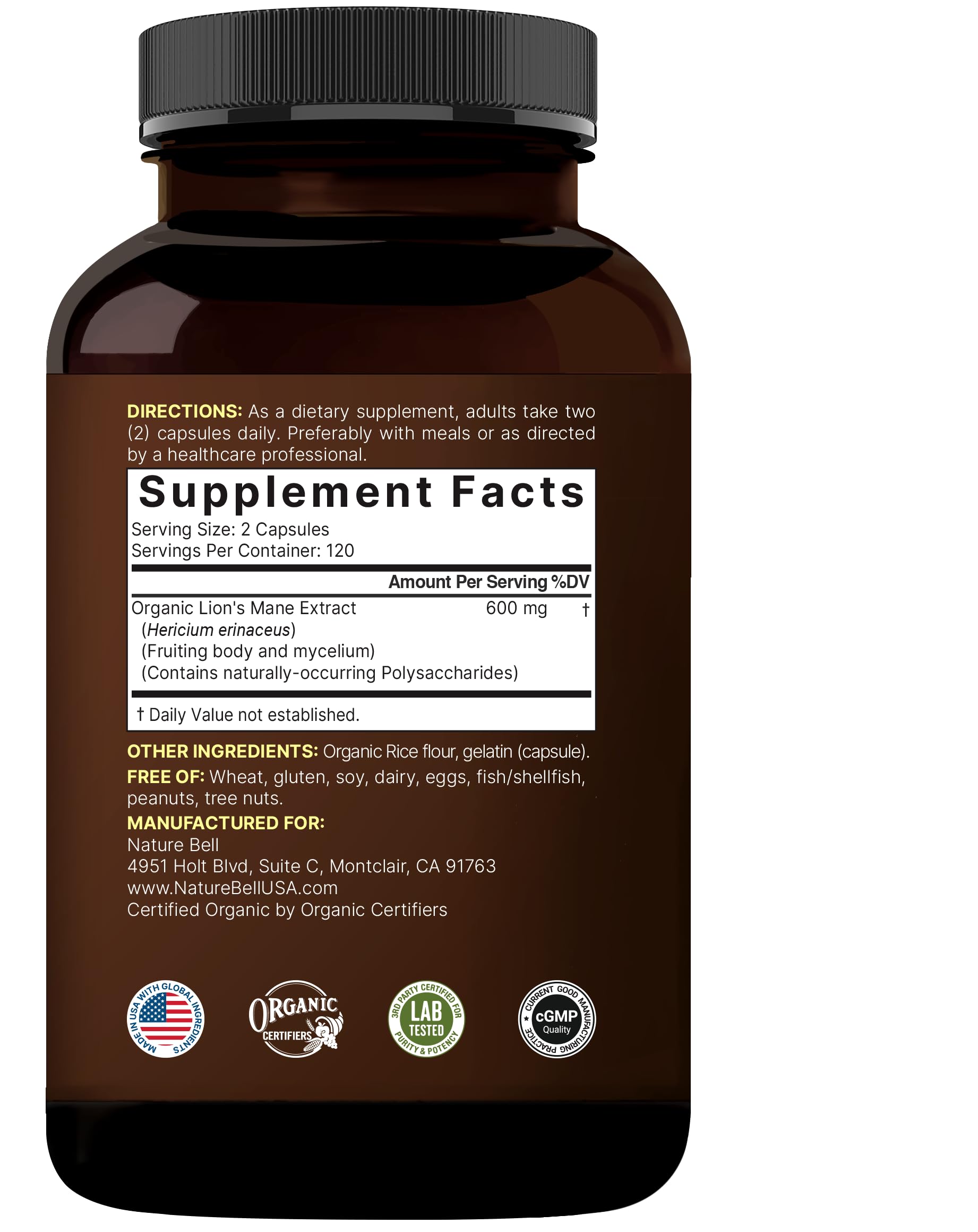 NatureBell Lion's Mane Mushroom Capsules – 240 (120-Day Supply) Organic Extract, Brain & Immune Support, Non-GMO