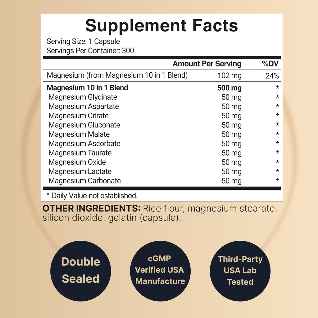 NatureBell Magnesium Complex 500mg – 10 Active Forms, 300 Caps