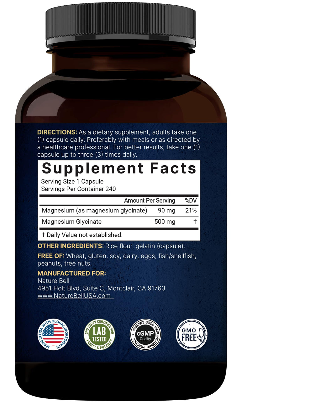NatureBell Magnesium Glycinate 500mg Capsules | 240 Count, Chelated & Purified, 3rd-Party Tested, Non-GMO, Gluten Free