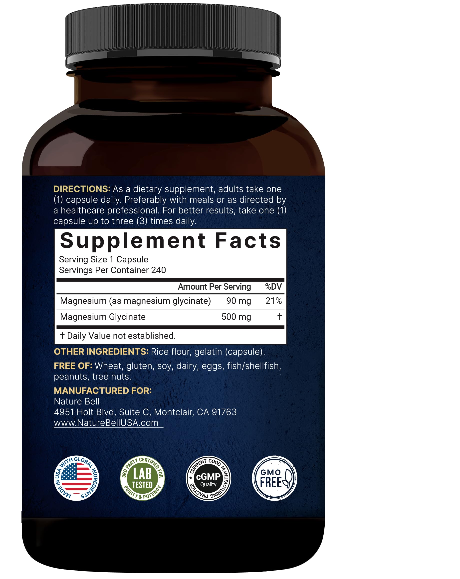 NatureBell Magnesium Glycinate 500mg Capsules | 240 Count, Chelated & Purified, 3rd-Party Tested, Non-GMO, Gluten Free