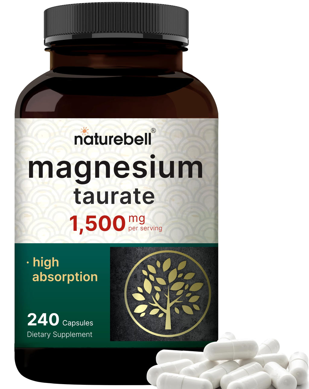 NatureBell Magnesium Taurate 1,500mg, 240 Capsules | Chelated for High Absorption | Non-GMO, Gluten-Free