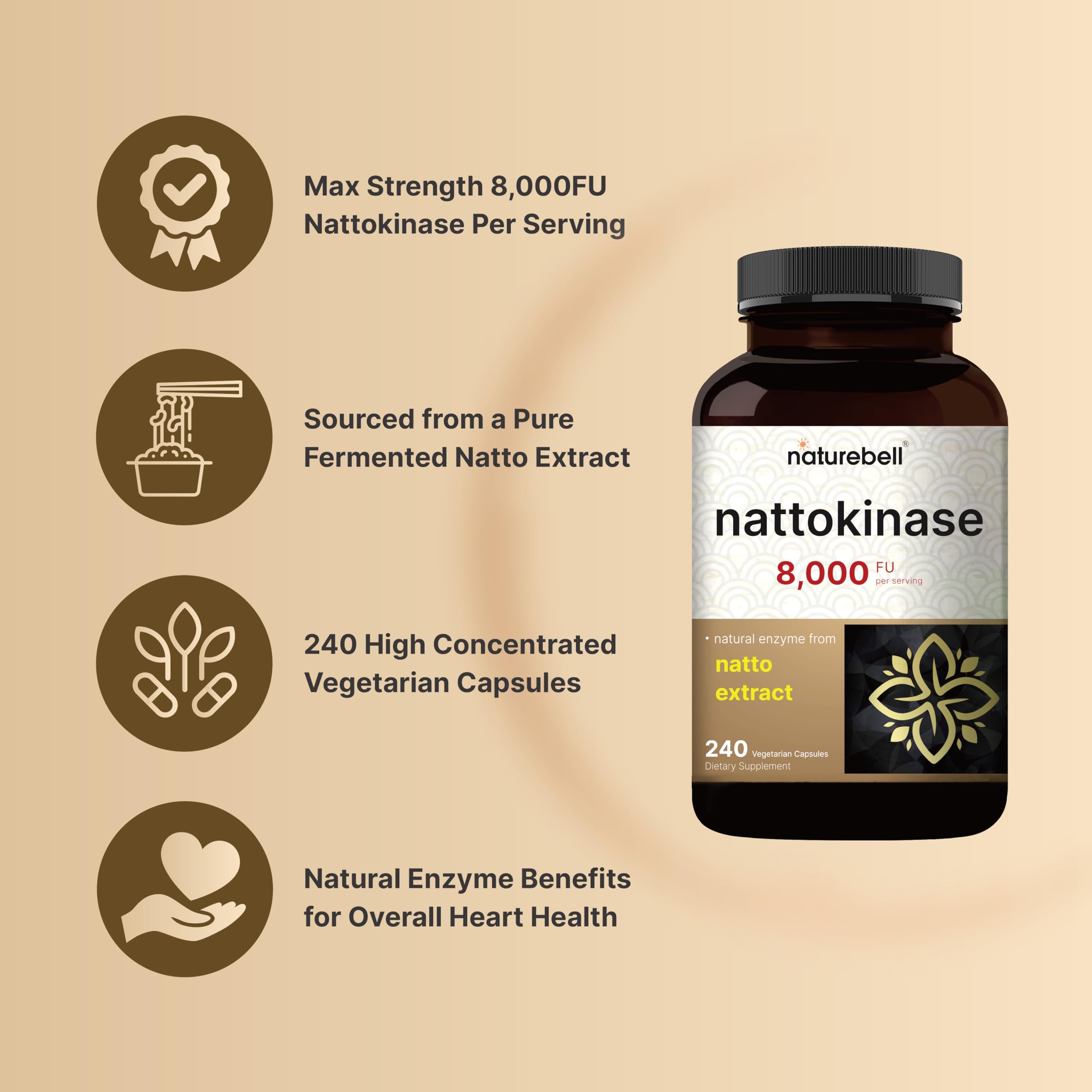 NatureBell Nattokinase 8,000 FU – 240 Veggie Capsules | Non-GMO, Heart Health