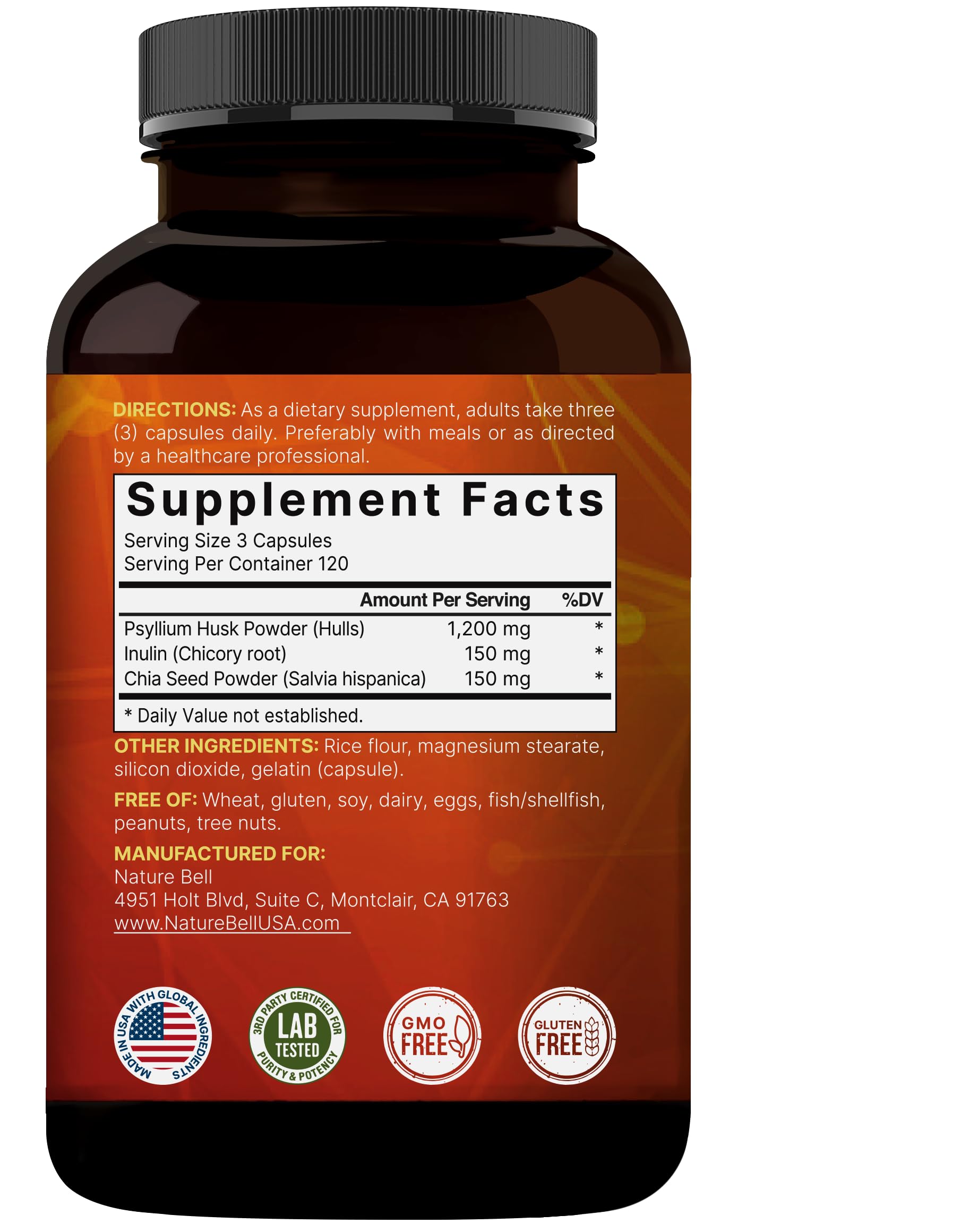 NatureBell Psyllium Husk Fiber – 1,500mg/Serving, 360 Capsules | Organic, Non-GMO