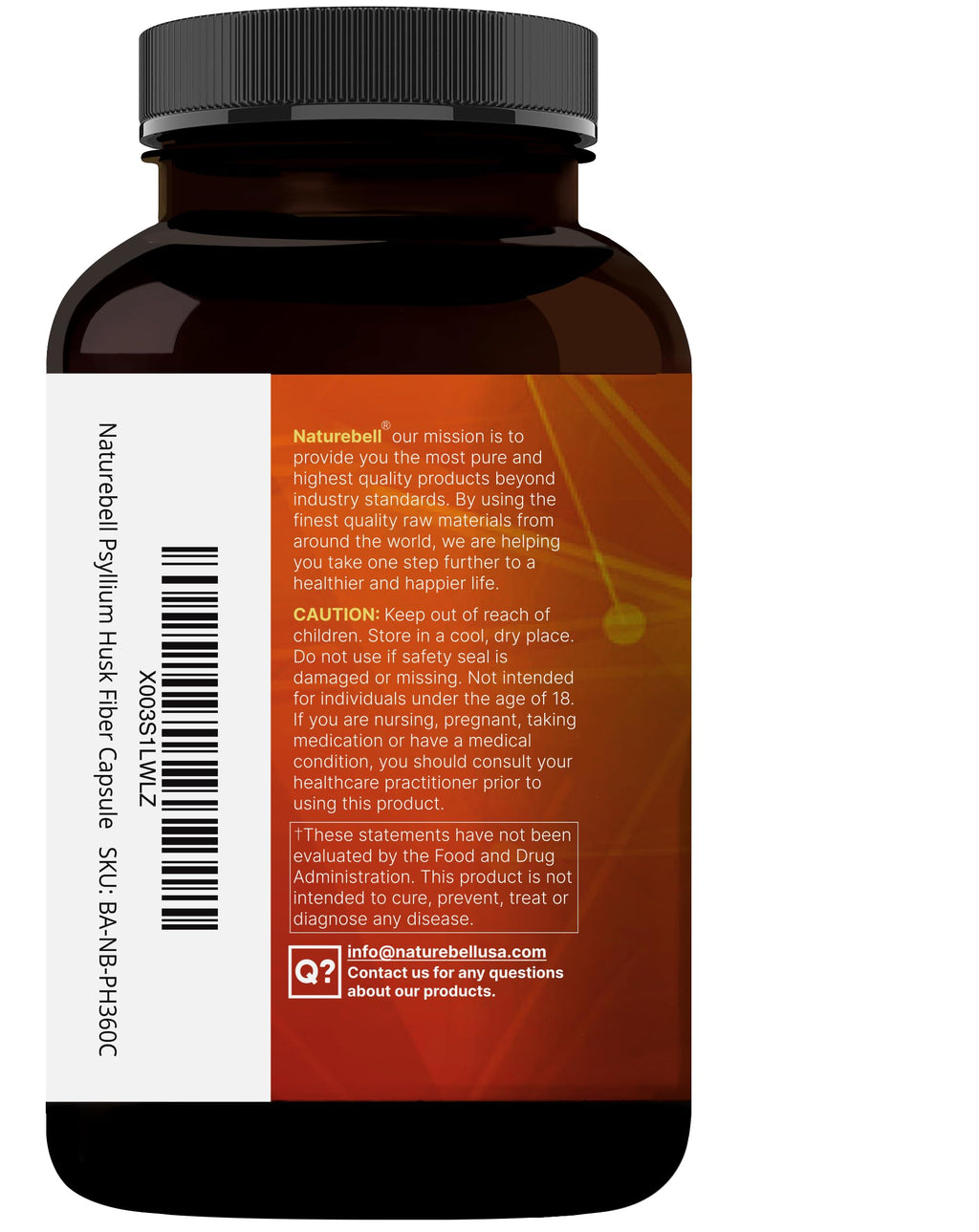 NatureBell Psyllium Husk Fiber – 1,500mg/Serving, 360 Capsules | Organic, Non-GMO