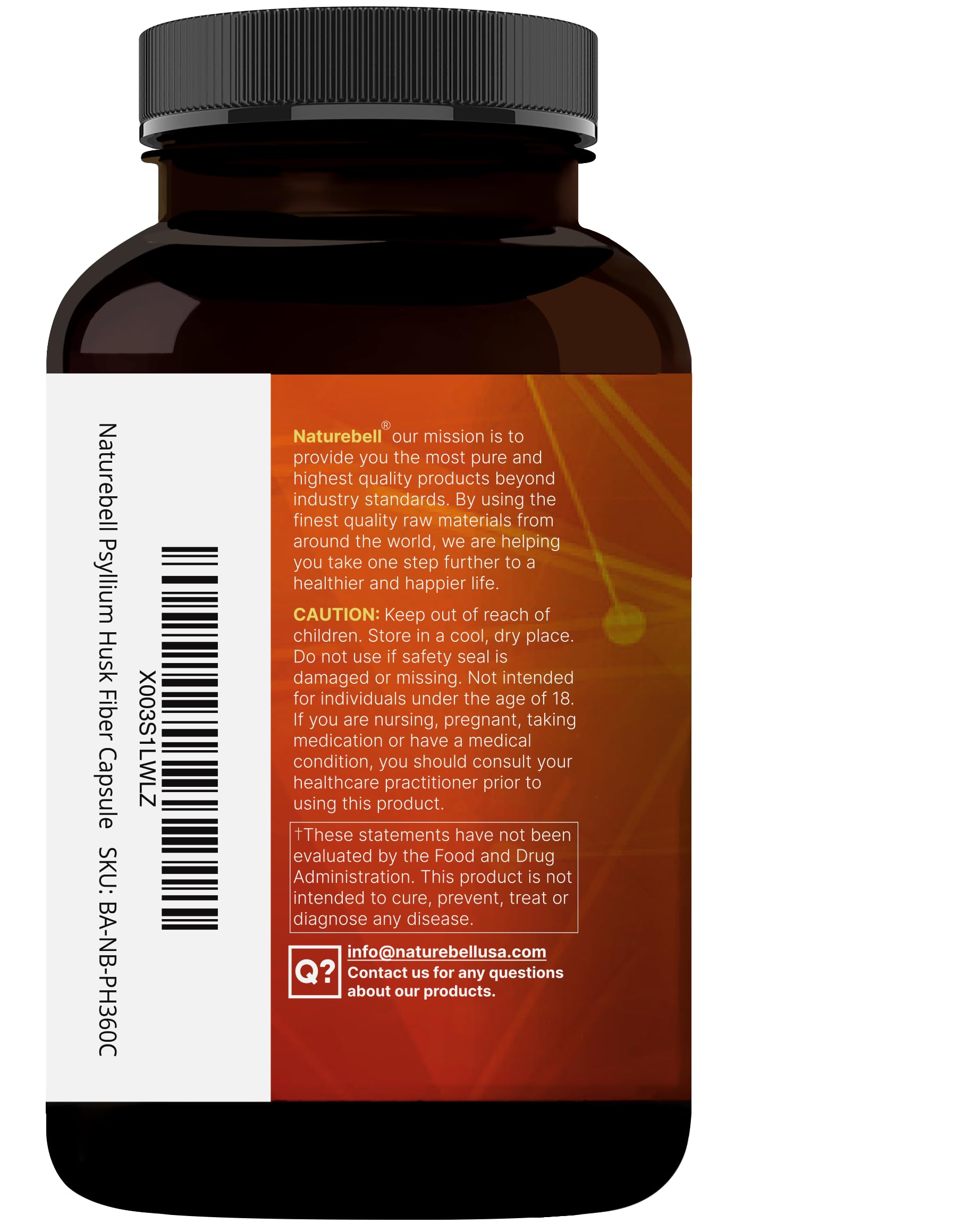 NatureBell Psyllium Husk Fiber – 1,500mg/Serving, 360 Capsules | Organic, Non-GMO