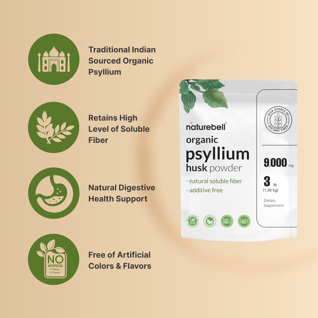 NatureBell Psyllium Husk Fiber Powder – 9,000mg per Serving, 3lb (48oz) – Organic Soluble Fiber for Digestive & Gut Health, Plant-Based, Unflavored, Non-GMO, Gluten-Free