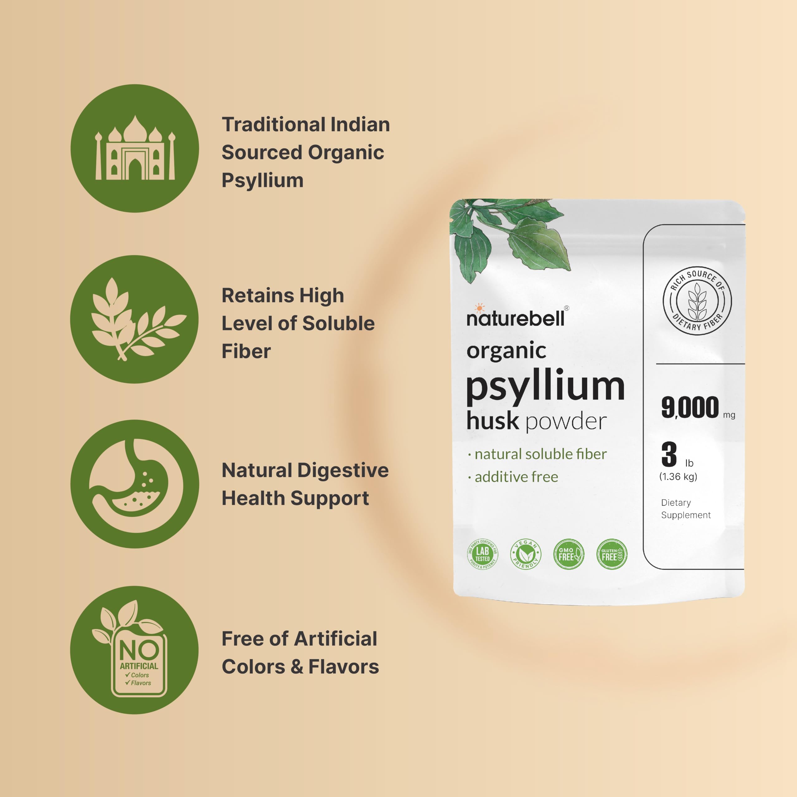 NatureBell Psyllium Husk Fiber Powder – 9,000mg per Serving, 3lb (48oz) – Organic Soluble Fiber for Digestive & Gut Health, Plant-Based, Unflavored, Non-GMO, Gluten-Free