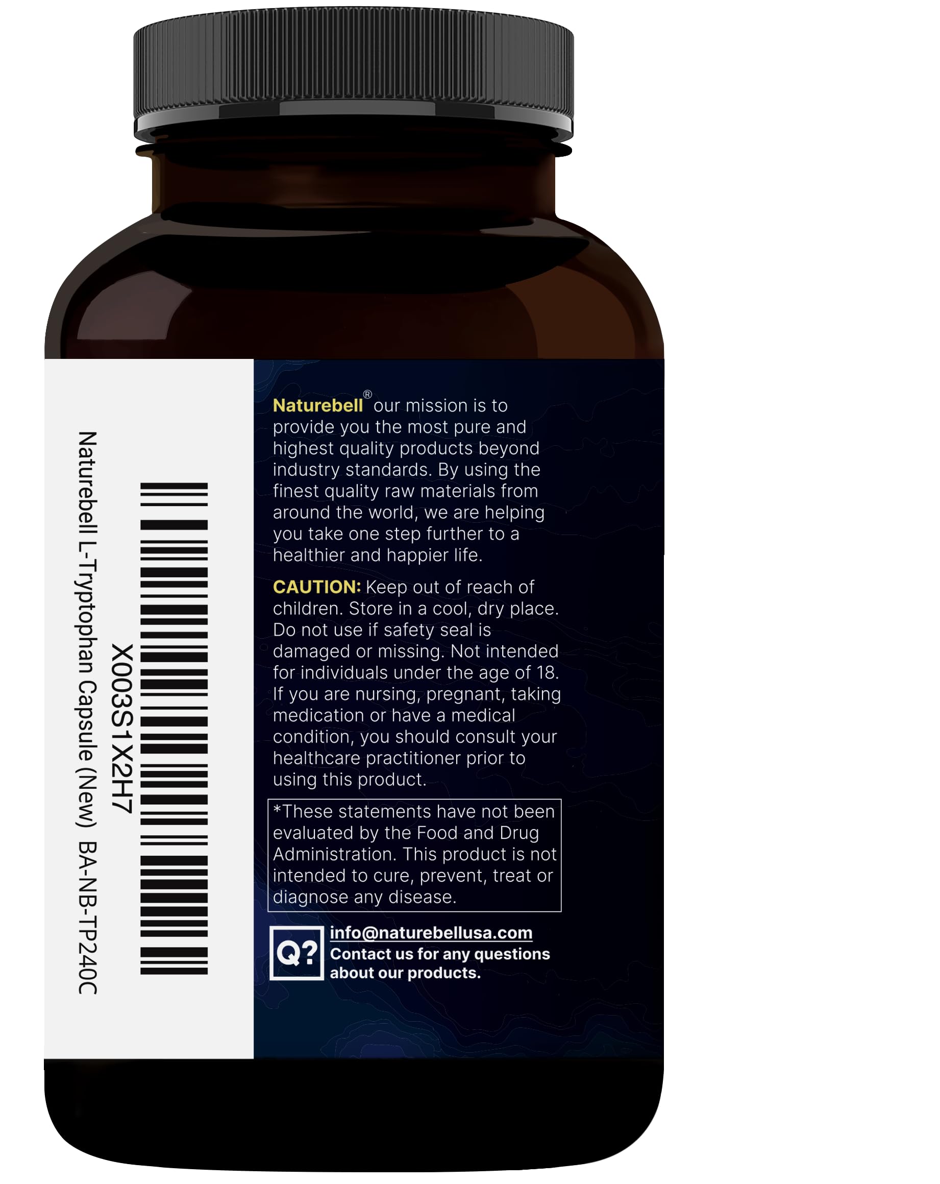NatureBell L-Tryptophan 1300mg + L-Theanine 200mg | 300 Caps | Calm & Relaxation