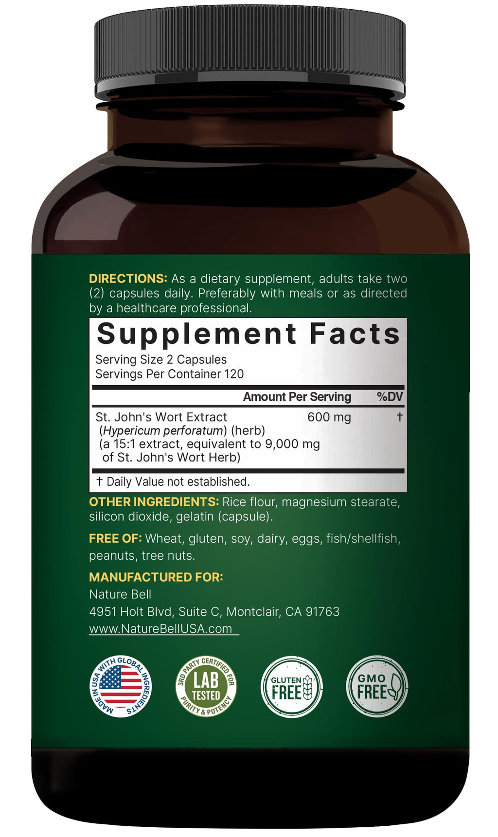 NatureBell St. John’s Wort 9,000mg | 240 Capsules | 15:1 Extract | Positive Mood Support | Non-GMO