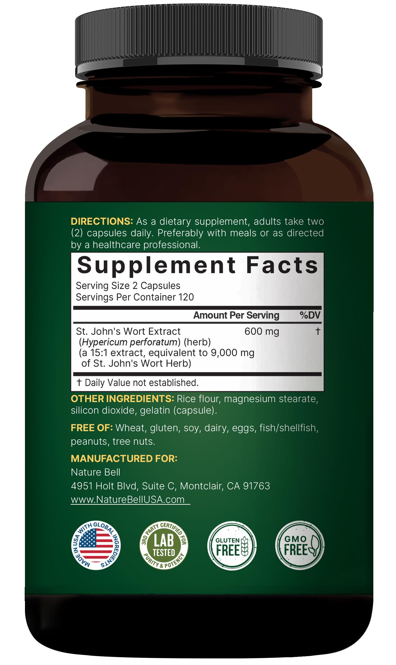 NatureBell St. John’s Wort 9,000mg | 240 Capsules | 15:1 Extract | Positive Mood Support | Non-GMO