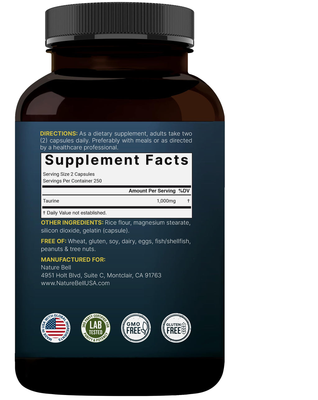NatureBell Taurine 1,000mg – 500 Capsules | Double Strength Taurine Supplement – Non-GMO & Gluten Free