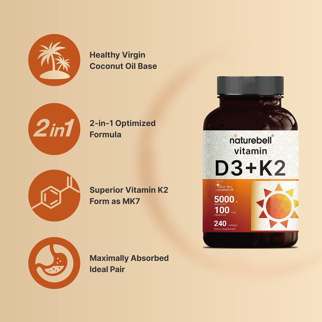 NatureBell Vitamin D3 5000 IU + K2 100 mcg - 240 Softgels | Virgin Coconut Oil