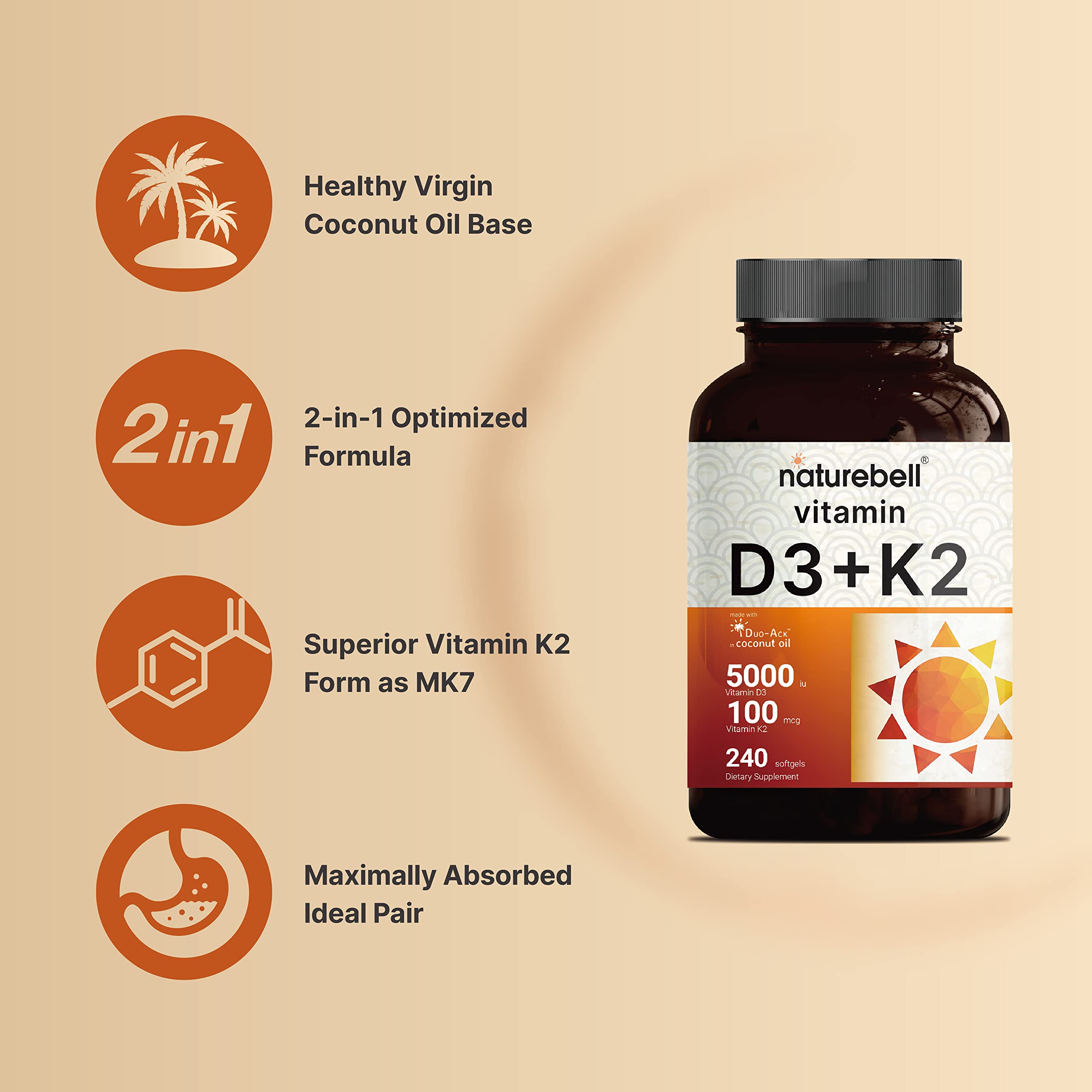 NatureBell Vitamin D3 5000 IU + K2 100 mcg - 240 Softgels | Virgin Coconut Oil