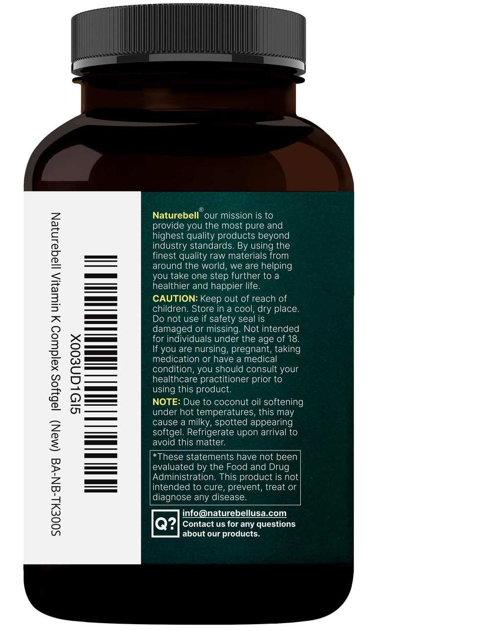 NatureBell Vitamin K Complex K1+K2 (MK-7/MK-4) 2600mcg | 300 Softgels | Non-GMO