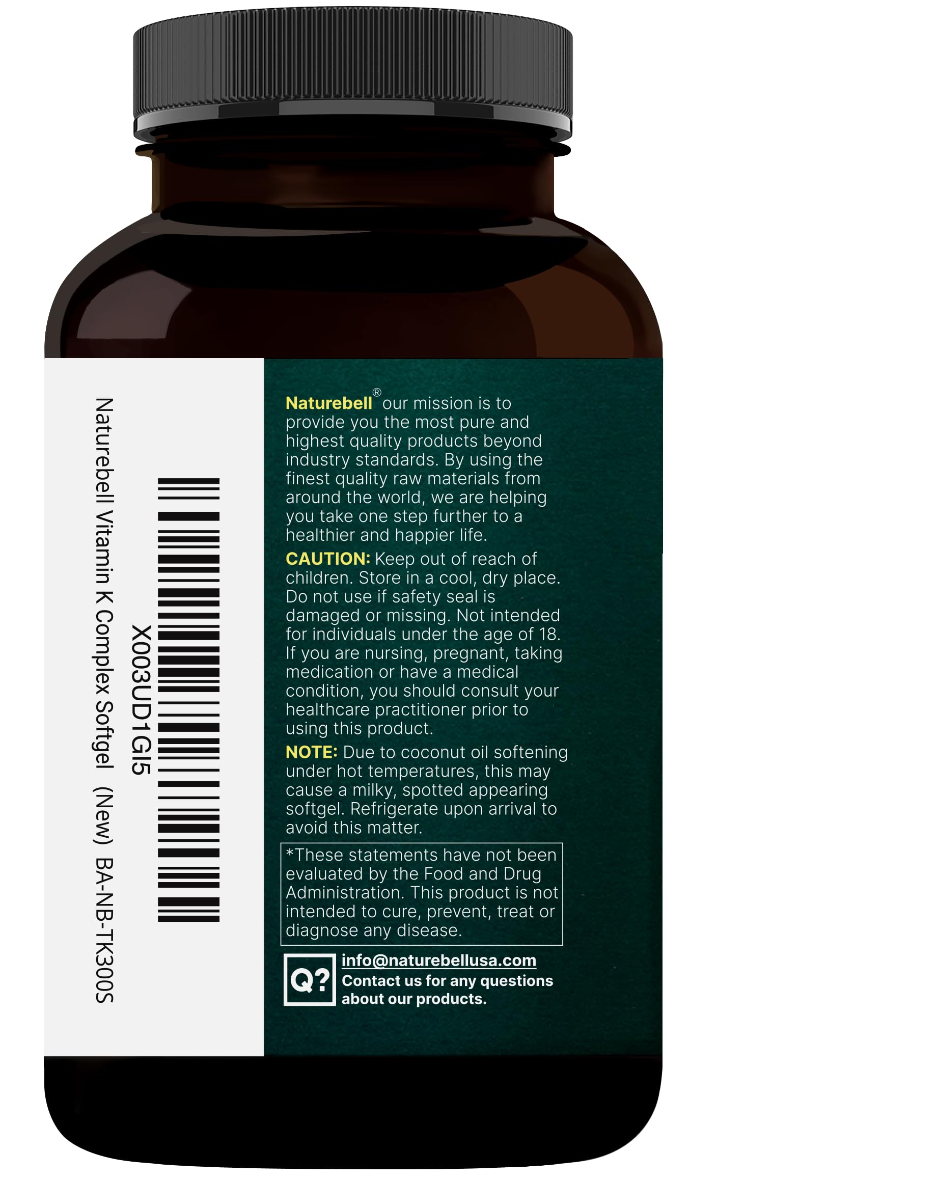 NatureBell Vitamin K Complex K1+K2 (MK-7/MK-4) 2600mcg | 300 Softgels | Non-GMO