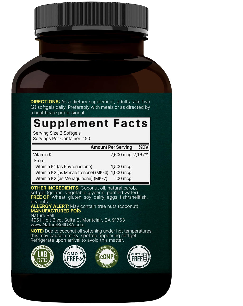 NatureBell Vitamin K Complex K1+K2 (MK-7/MK-4) 2600mcg | 300 Softgels | Non-GMO