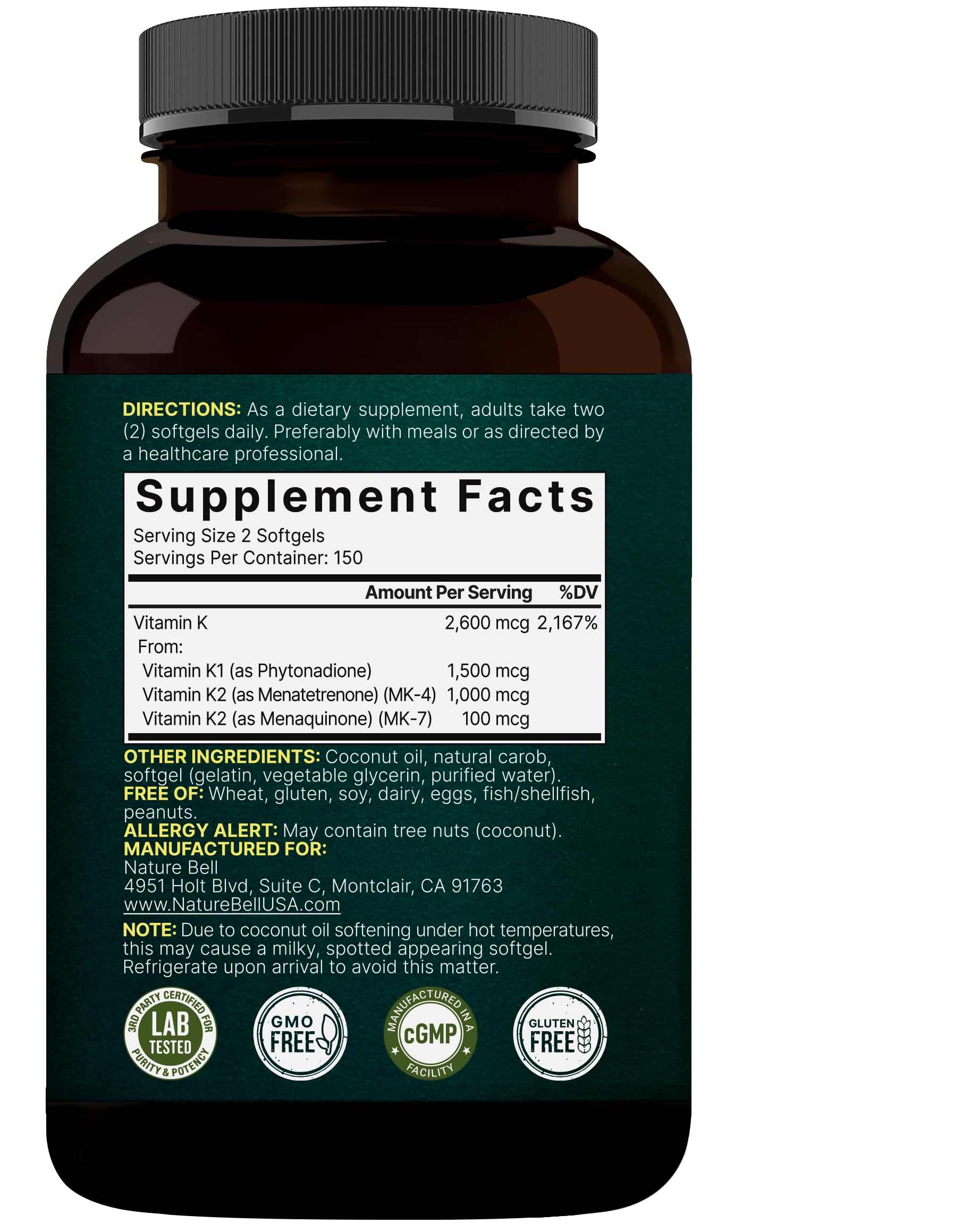 NatureBell Vitamin K Complex K1+K2 (MK-7/MK-4) 2600mcg | 300 Softgels | Non-GMO