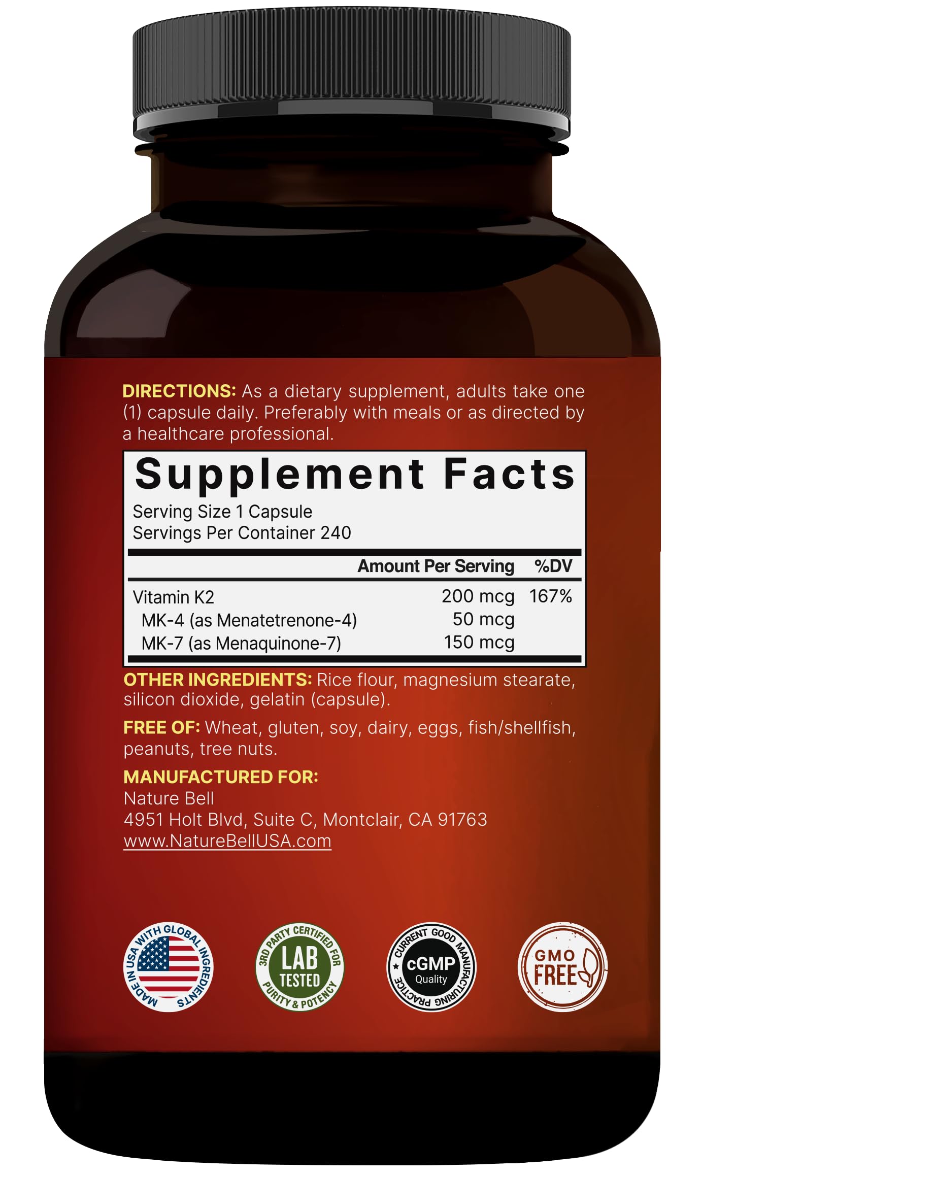 NatureBell Vitamin K2 MK-7 & MK-4 – 200 mcg, 240 Capsules – 2-in-1 K Complex