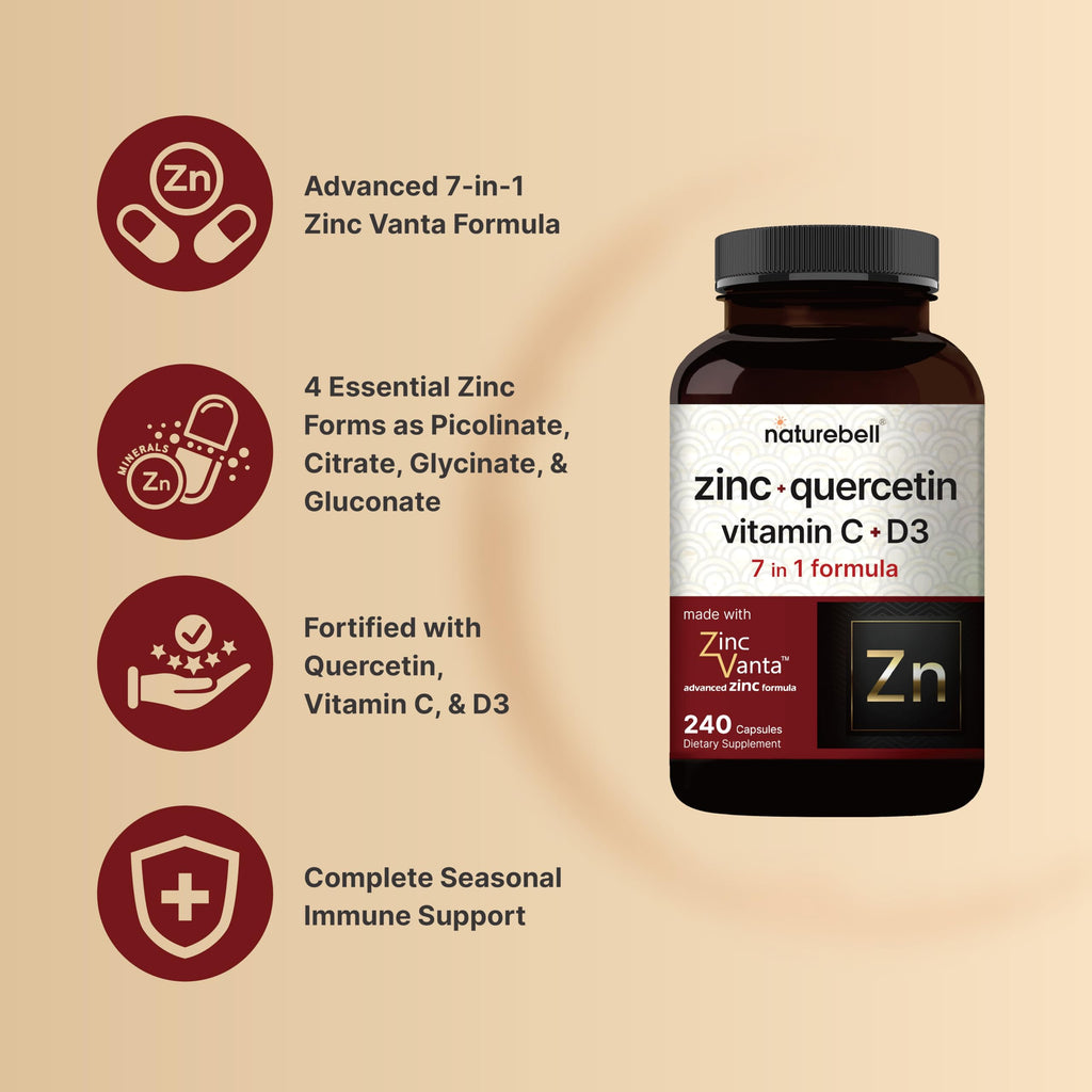 NatureBell Zinc Quercetin + Vitamin C & D3, 240 Caps | 4-in-1 Immune & Lung Support