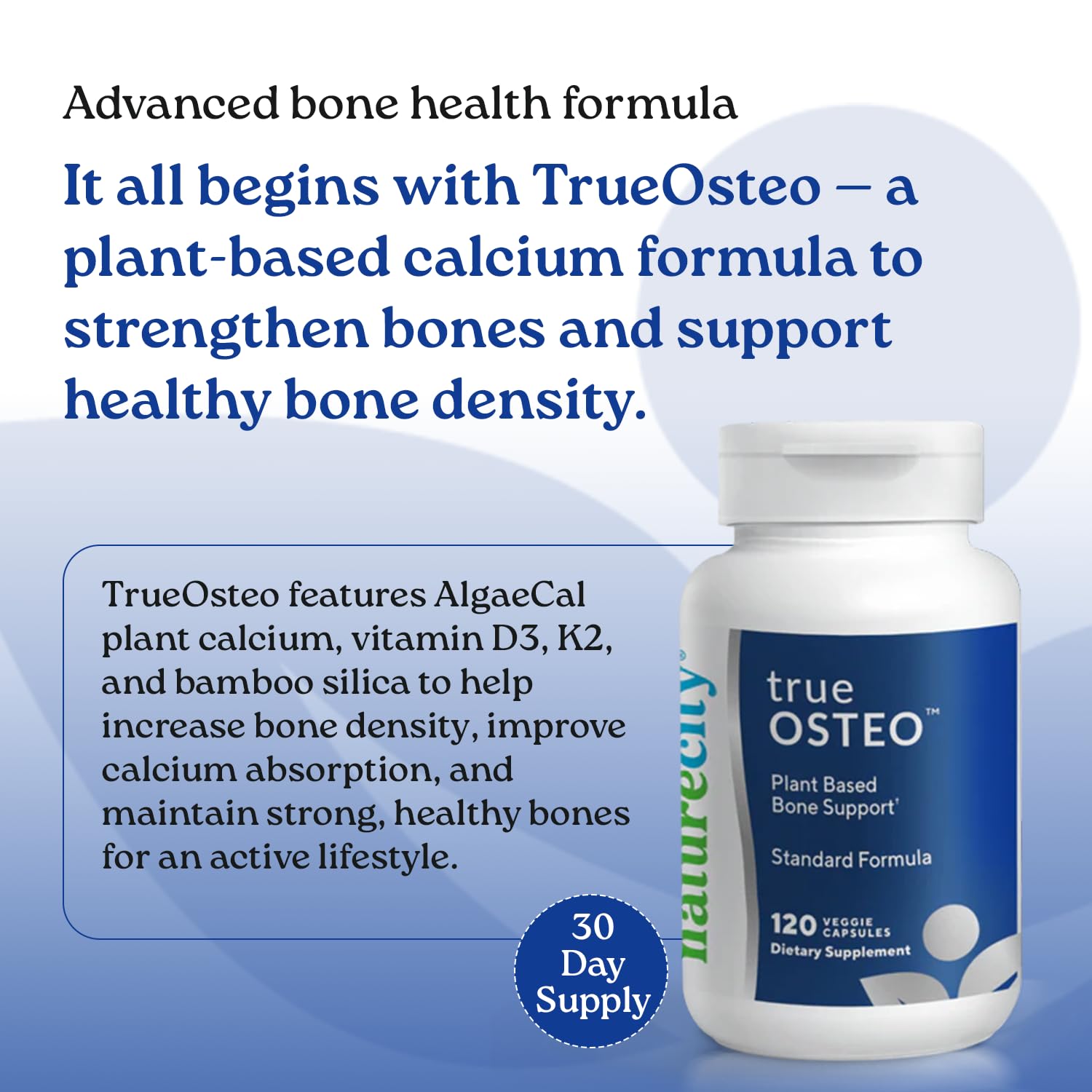 NatureCity True-Osteo Plant-Based Bone Support | AlgaeCal Calcium & Magnesium, D3, K2, Silicon | Gentle on Stomach