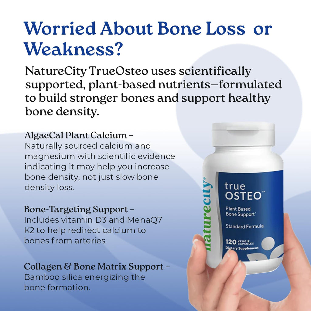 NatureCity True-Osteo Plant-Based Bone Support | AlgaeCal Calcium & Magnesium, D3, K2, Silicon | Gentle on Stomach