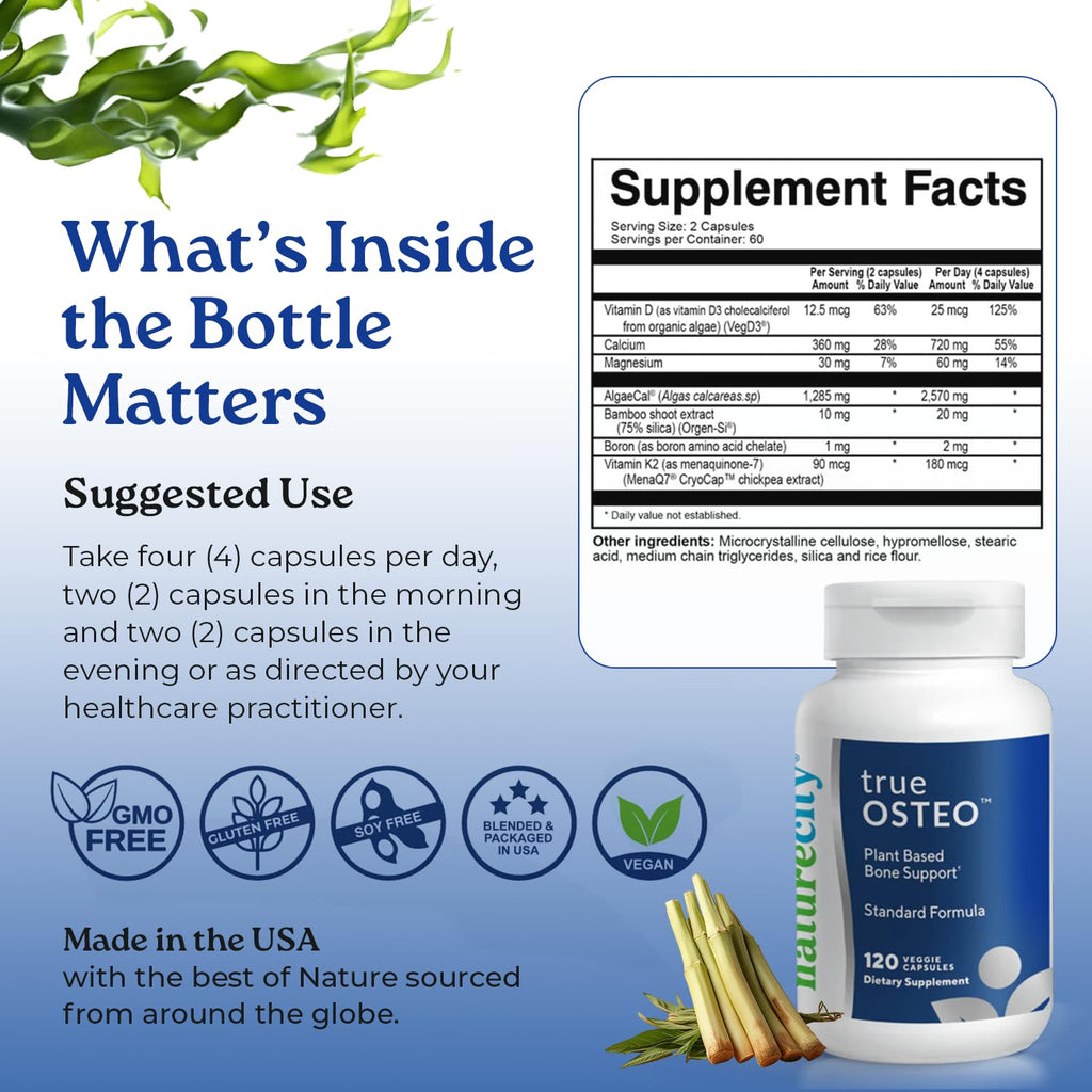 NatureCity True-Osteo Plant-Based Bone Support | AlgaeCal Calcium & Magnesium, D3, K2, Silicon | Gentle on Stomach