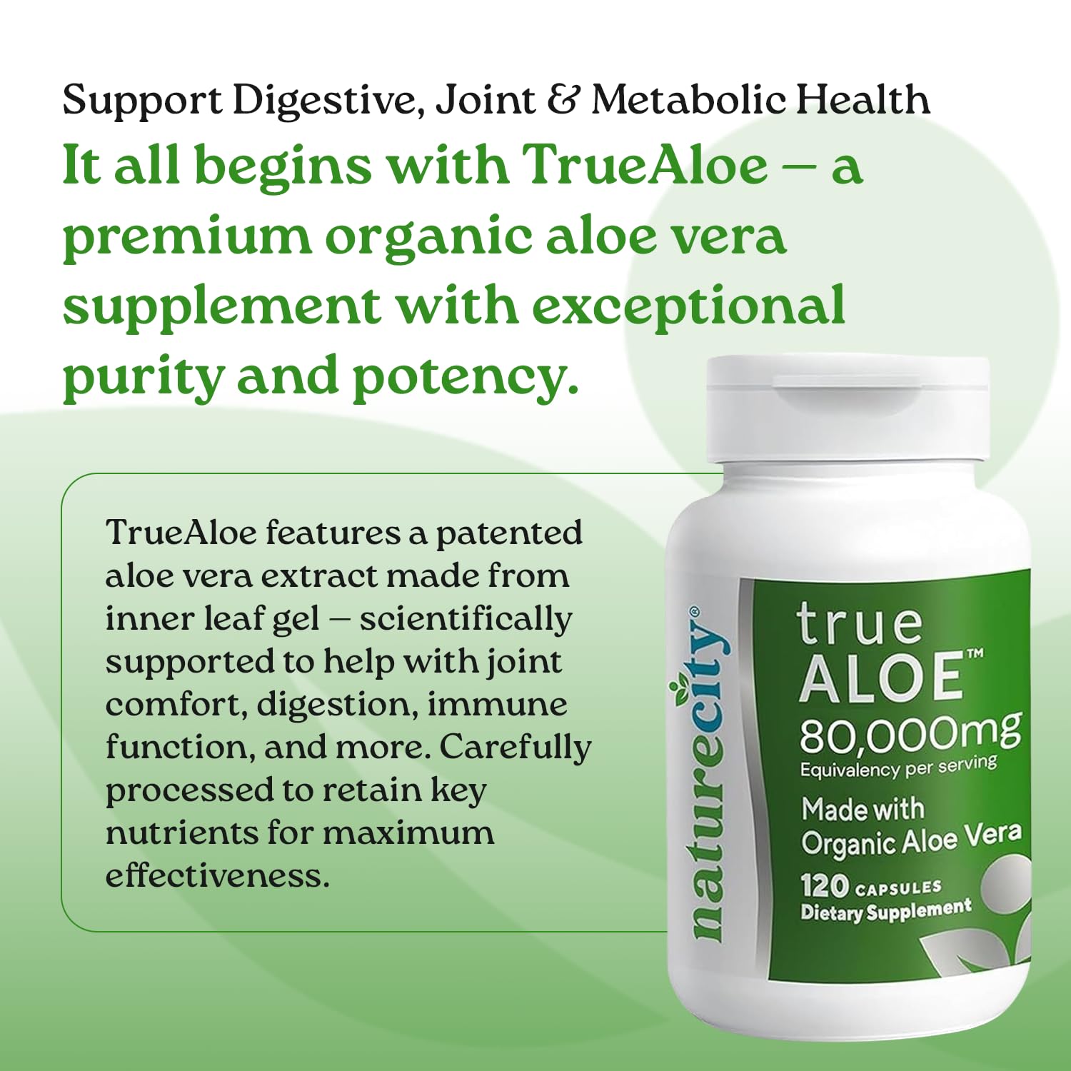NatureCity True-Aloe 80,000mg Aloe Vera Gel — Organic Aloe, 720 Capsules