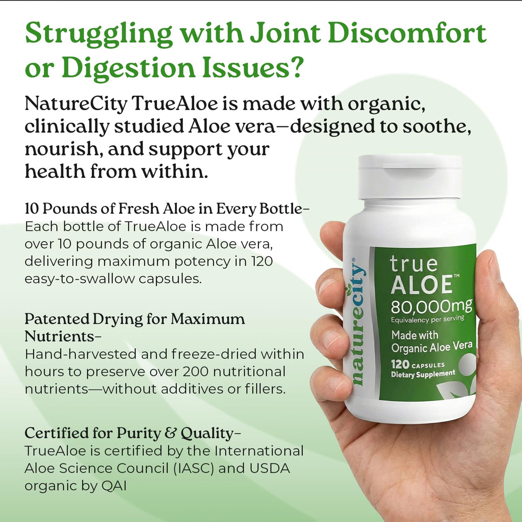 NatureCity True-Aloe 80,000mg Aloe Vera Gel — Organic Aloe, 720 Capsules