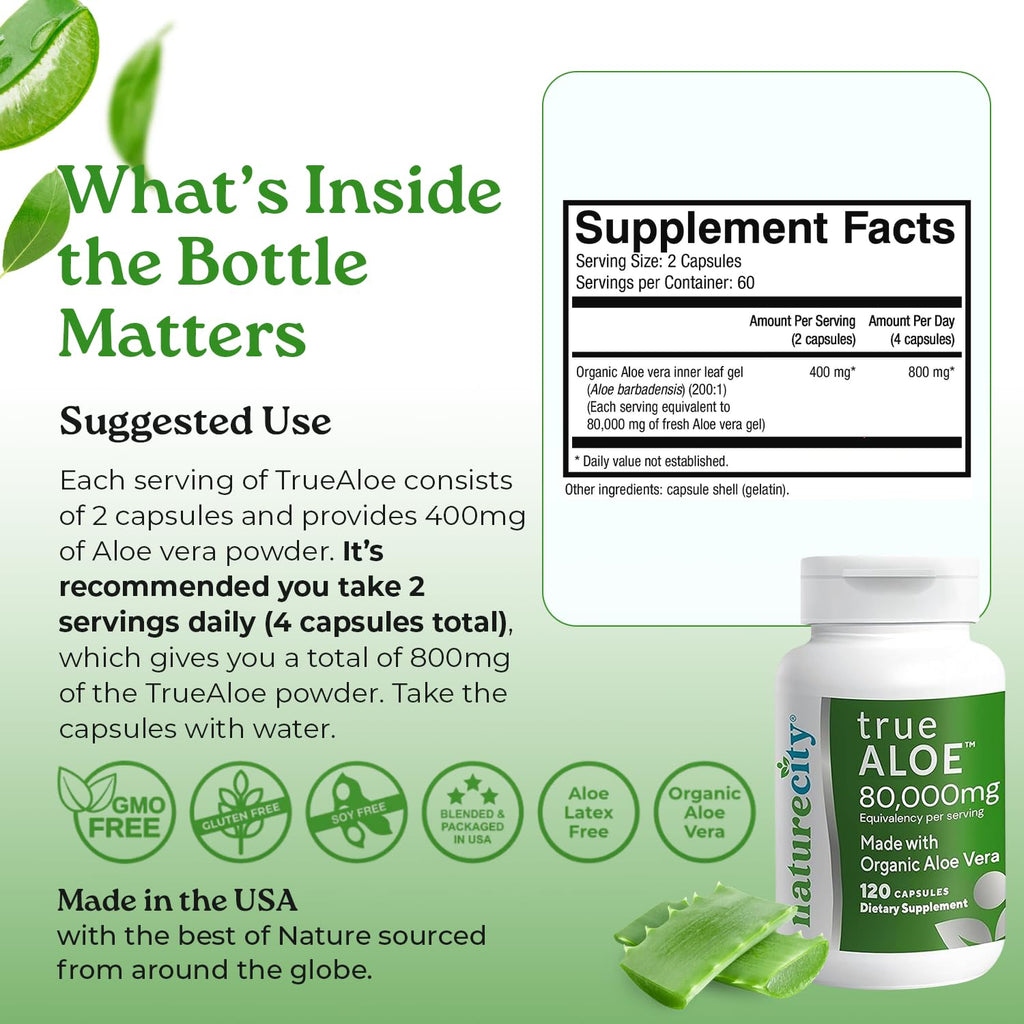 NatureCity True-Aloe 80,000mg Aloe Vera Gel — Organic Aloe, 720 Capsules