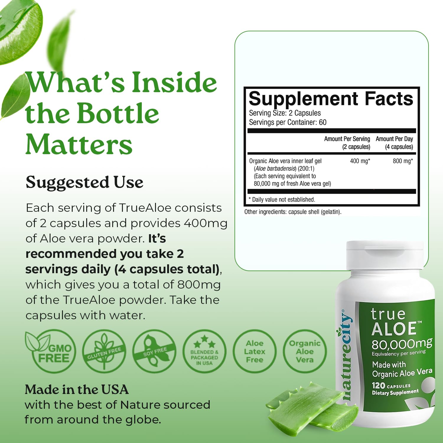 NatureCity True-Aloe 80,000mg Aloe Vera Gel — Organic Aloe, 720 Capsules