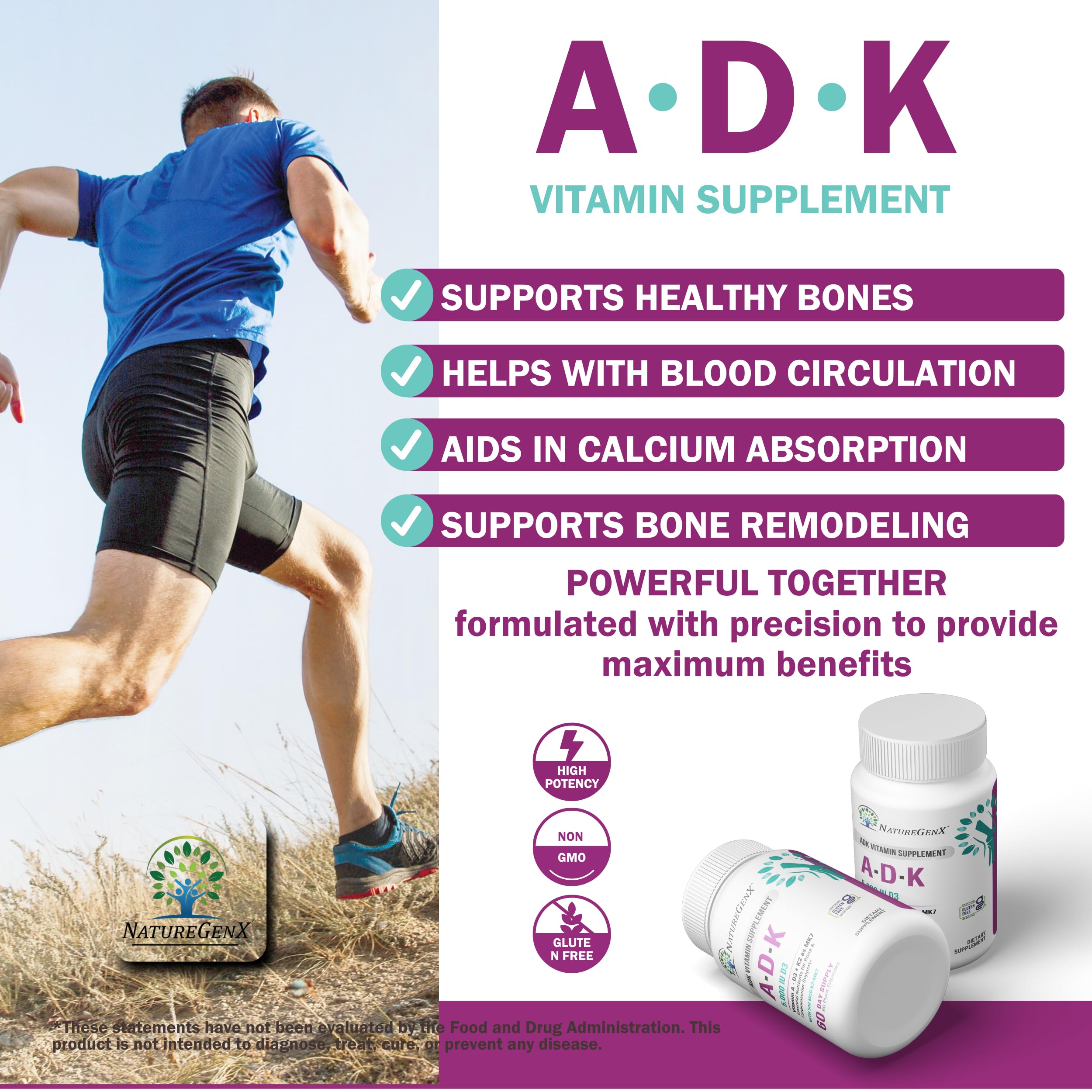 NatureGenX ADK Vitamin Supplement - Enhanced Bone Support (Gluten-Free, 120 Capsules Pack of 2)