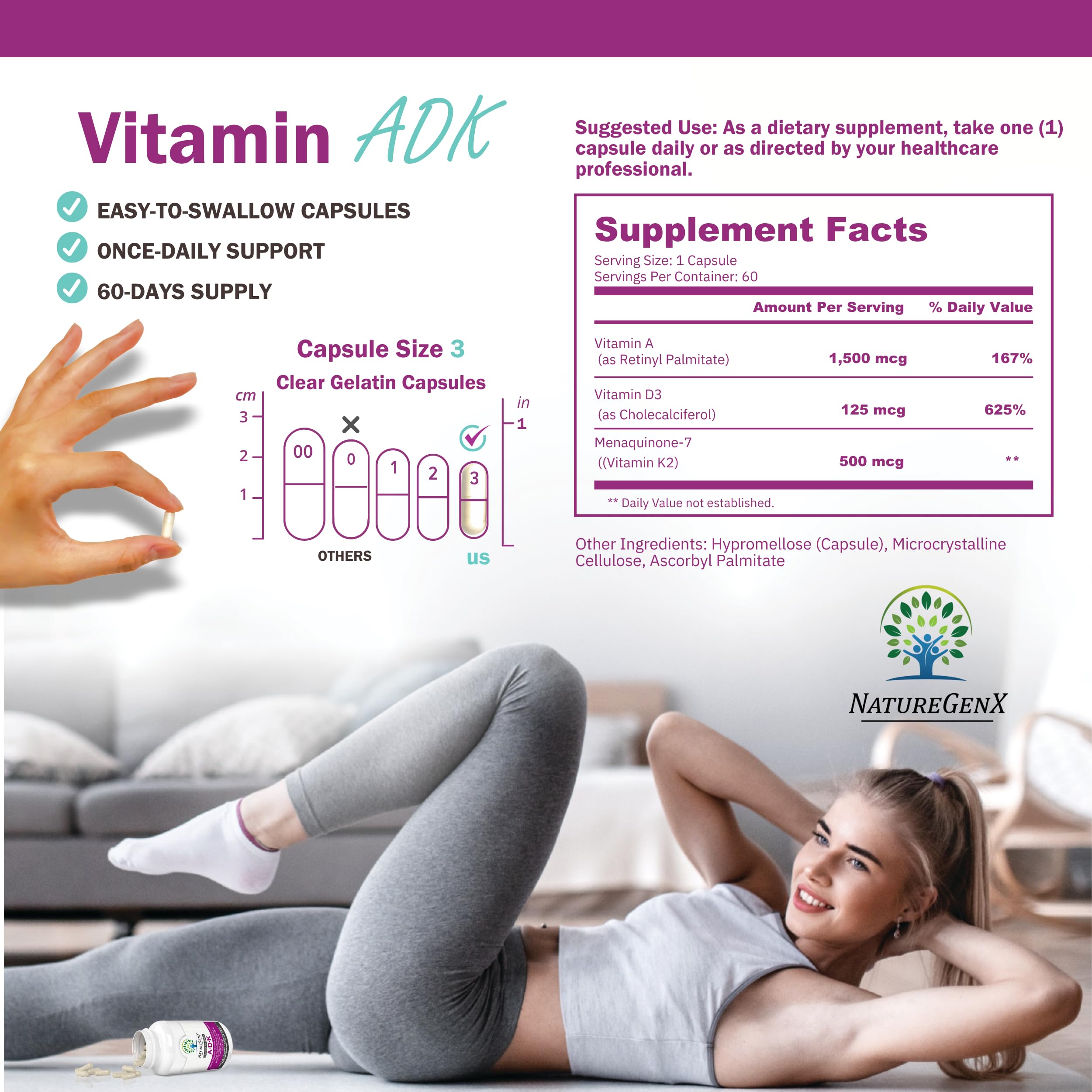 NatureGenX ADK Vitamin Supplement 5000 IU | Vitamin A, D3 & K2 for Bone Health