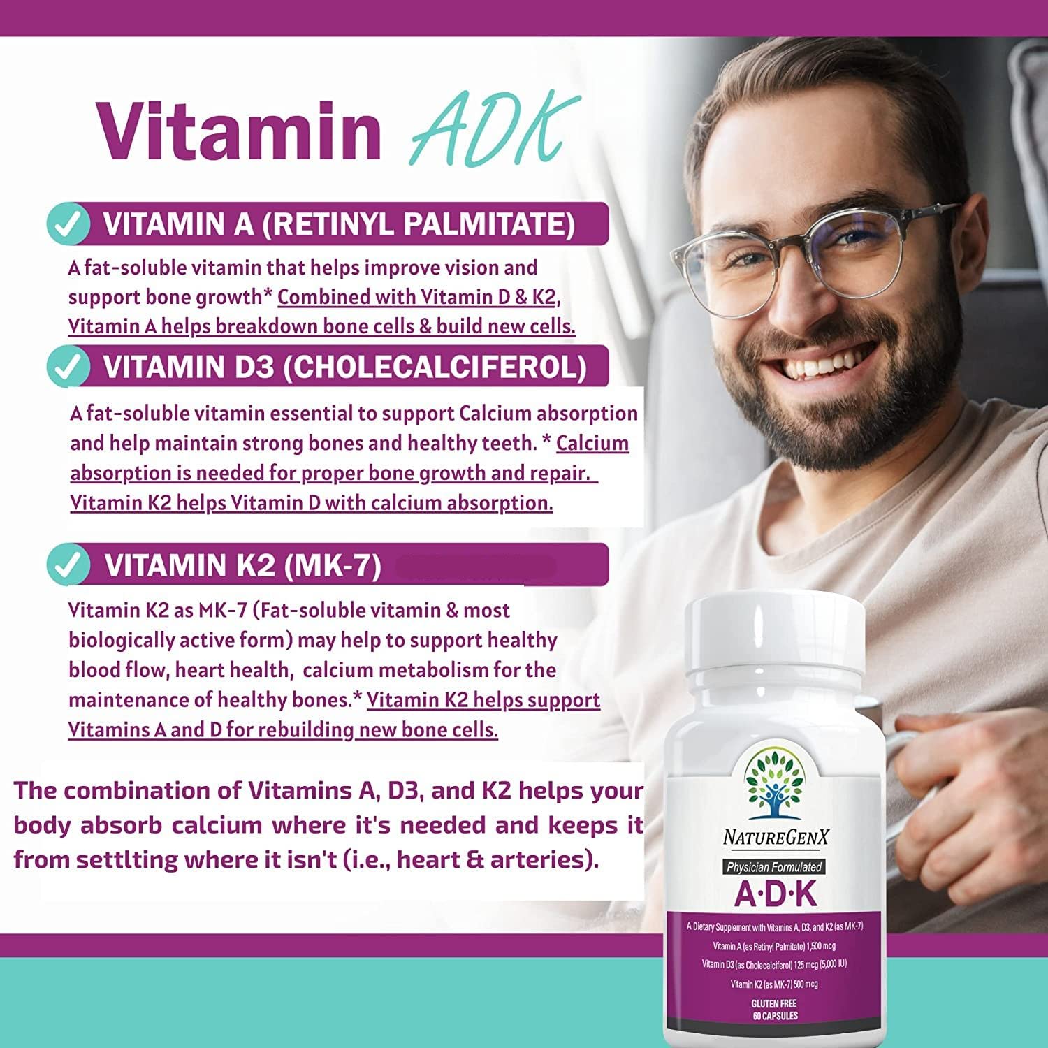 NatureGenX ADK Vitamin Supplement 5000 IU | Vitamin A, D3 & K2 for Bone Health