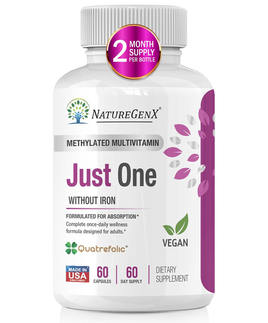 NatureGenX Just One Daily Methylated Multivitamin - 60 Caps, 2-Month Supply, Iron-Free, MTHFR Support, Gluten Free