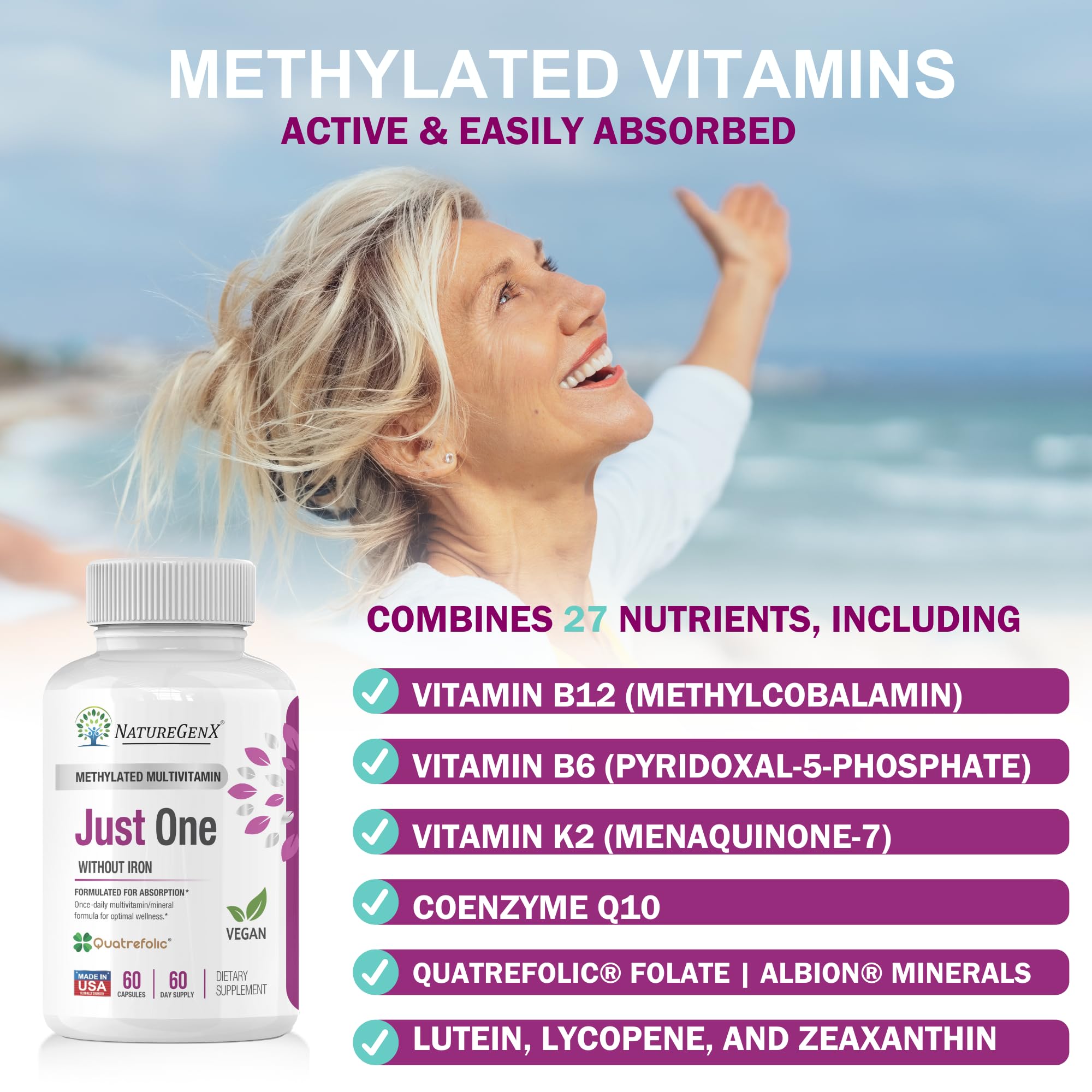 NatureGenX Just One Daily Methylated Multivitamin – 60 Vegan Capsules, USA-Made, Iron-Free