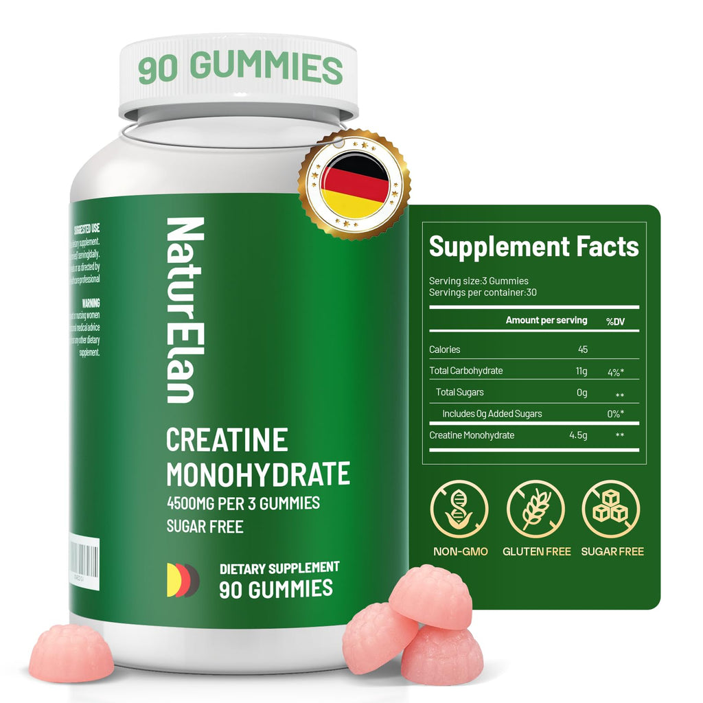 NaturElan Creatine Monohydrate Gummies – Sugar Free, No Gelatin, Vegan, Third-Party Tested | Pre-Workout & Recovery