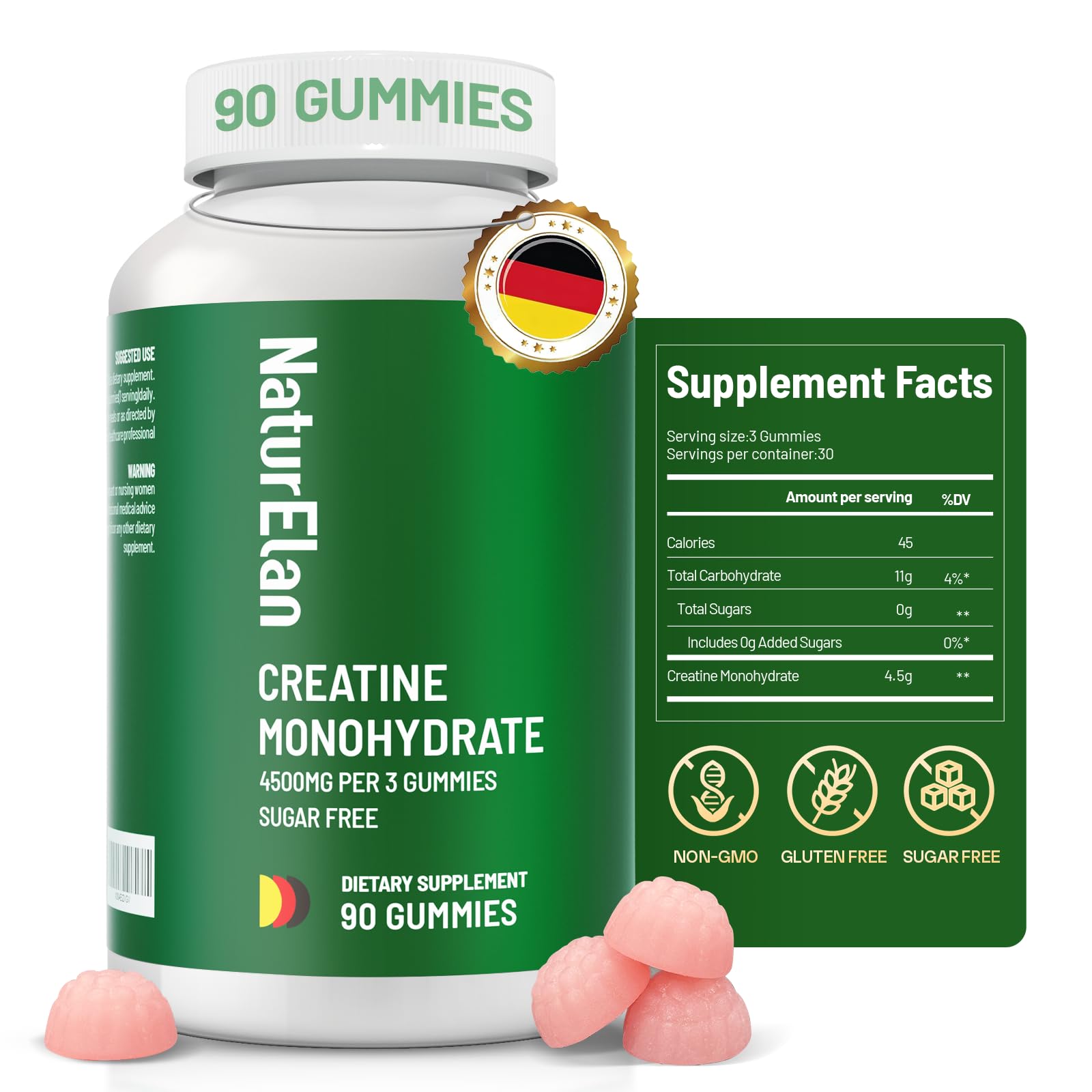 NaturElan Creatine Monohydrate Gummies – Sugar Free, No Gelatin, Vegan, Third-Party Tested | Pre-Workout & Recovery
