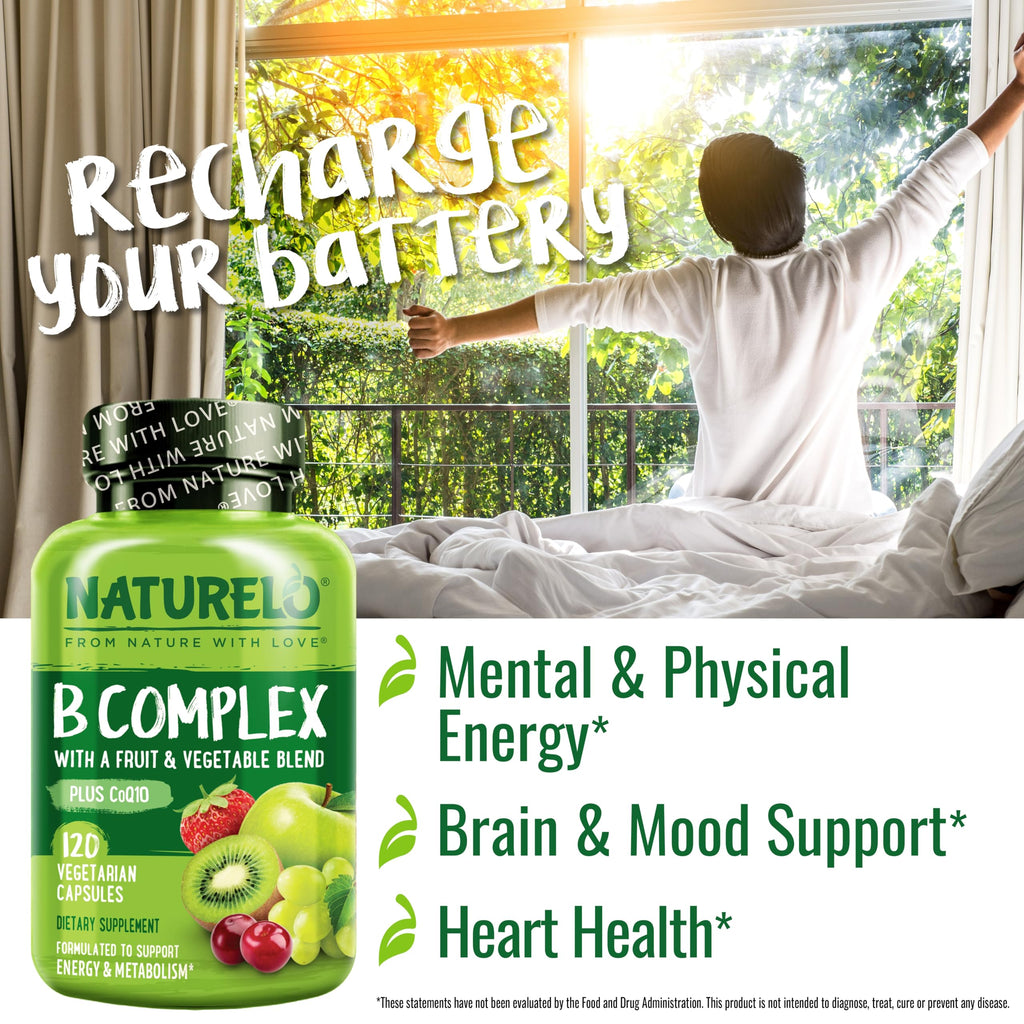 NATURELO Vitamin B Complex – 120 Capsules, Vegan, CoQ10 & Methyl Folate