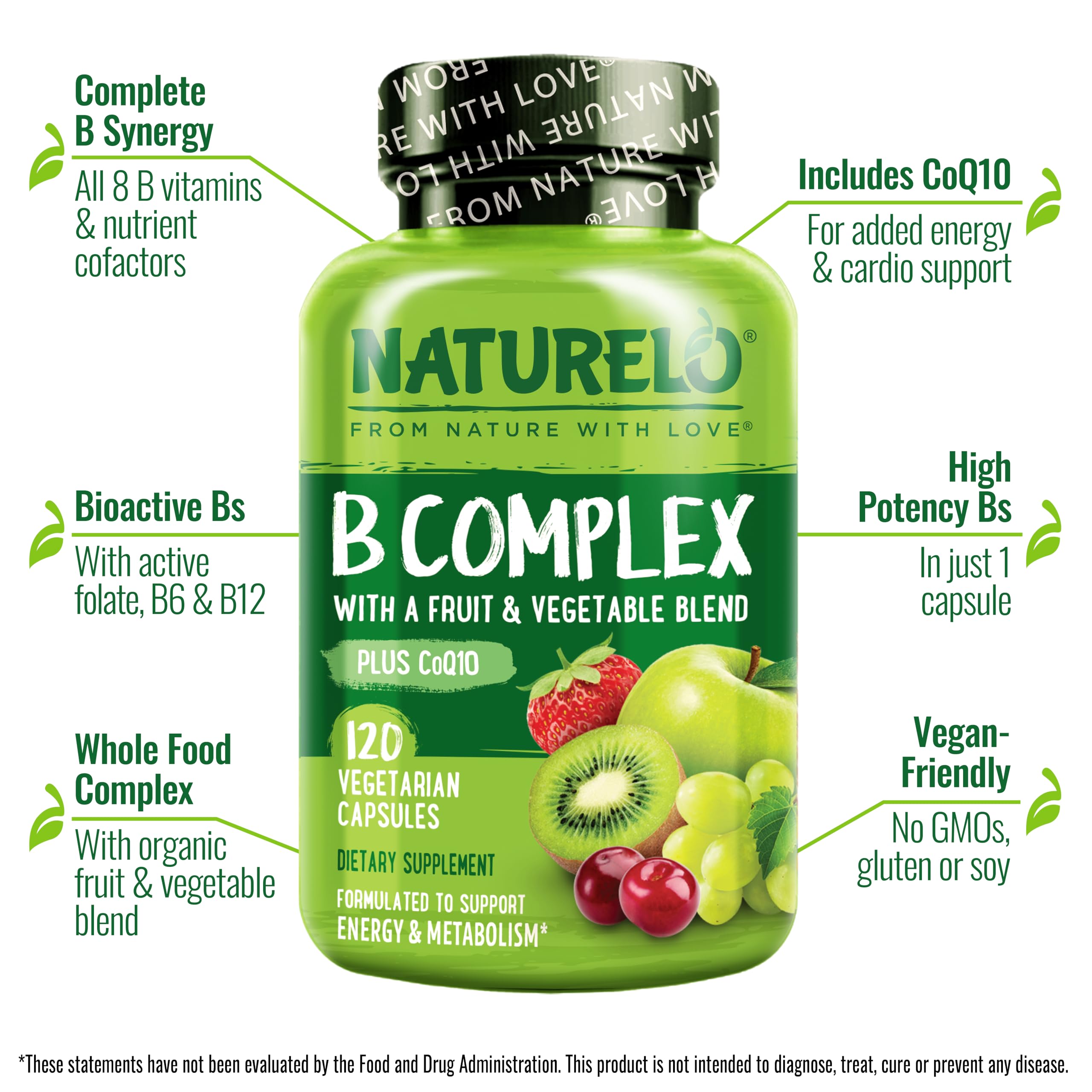 NATURELO Vitamin B Complex – 120 Capsules, Vegan, CoQ10 & Methyl Folate