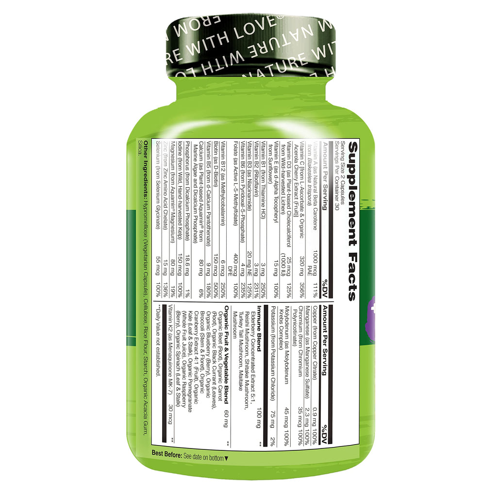 NATURELO Whole Food Multivitamin + Immune Blend – Elderberry & Mushrooms, 60 Vegan Capsules