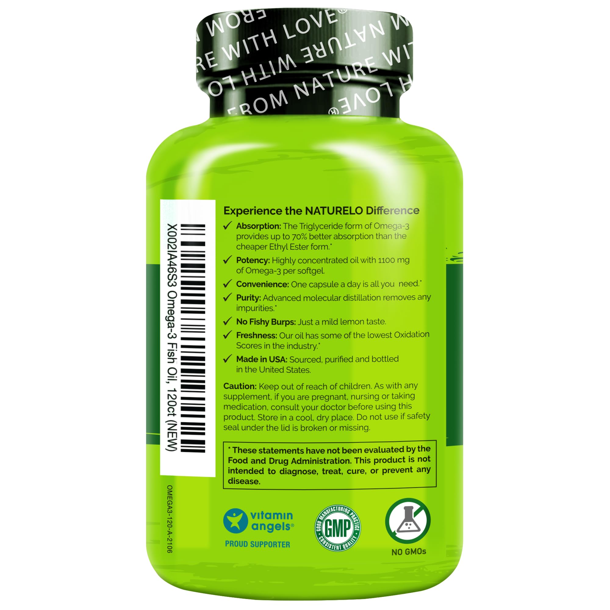 NATURELO Burpless Omega-3 Fish Oil - 1100mg TG EPA + DHA | 120 Softgels | 4 Months Supply