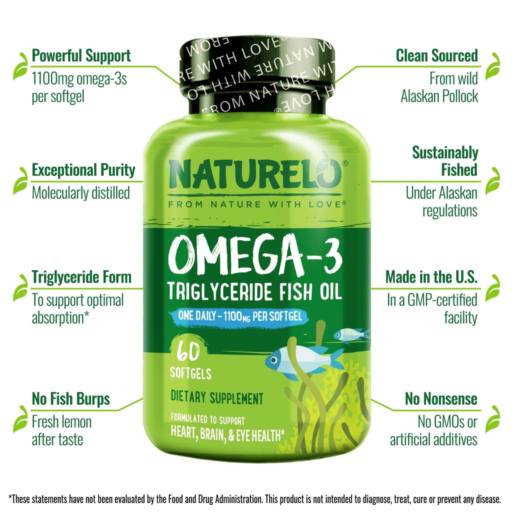 Naturelo Burpless Omega-3 Fish Oil 1100mg TG – EPA + DHA, 60 Softgels