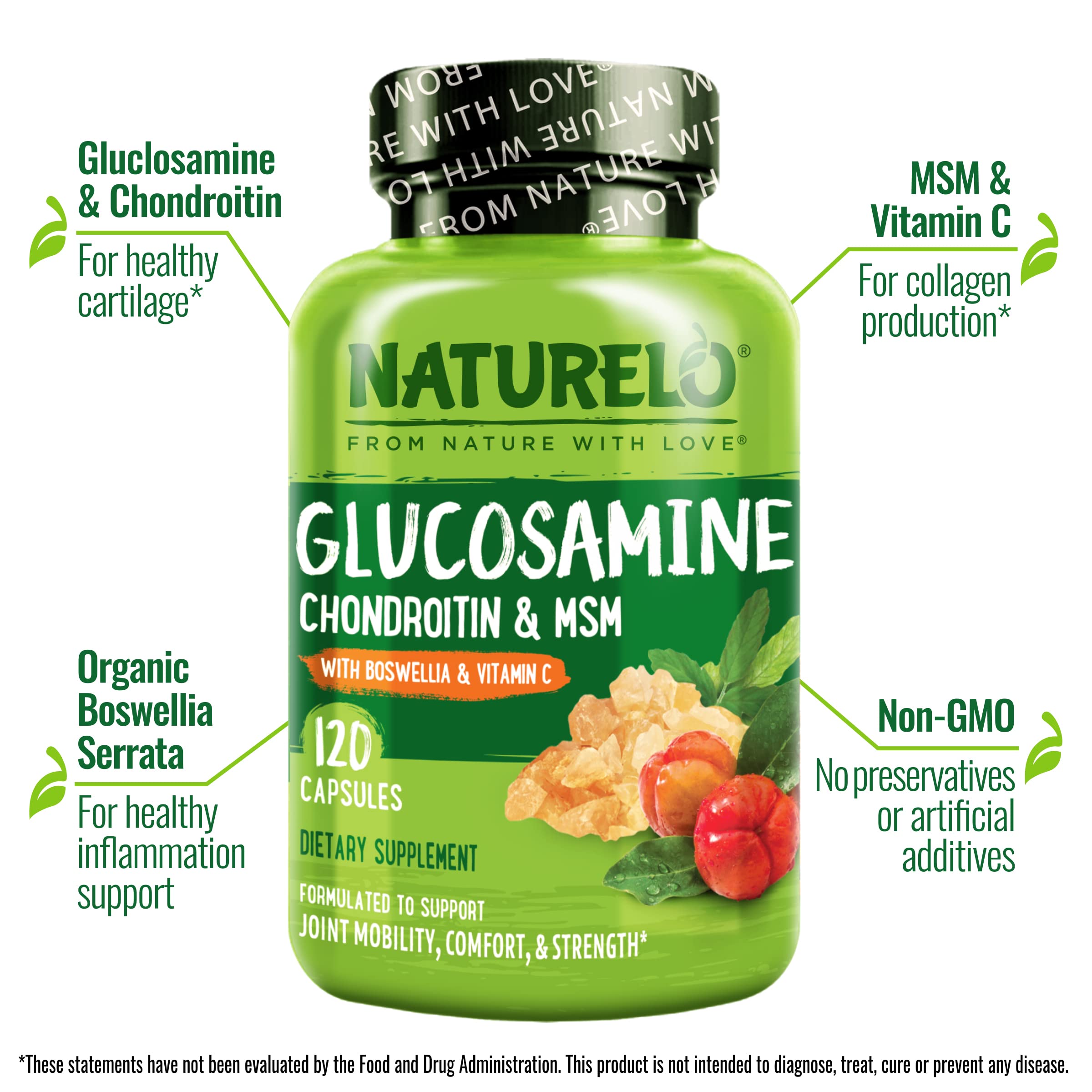 NATURELO Glucosamine Chondroitin MSM with Boswellia – Joint Support (120 Caps)
