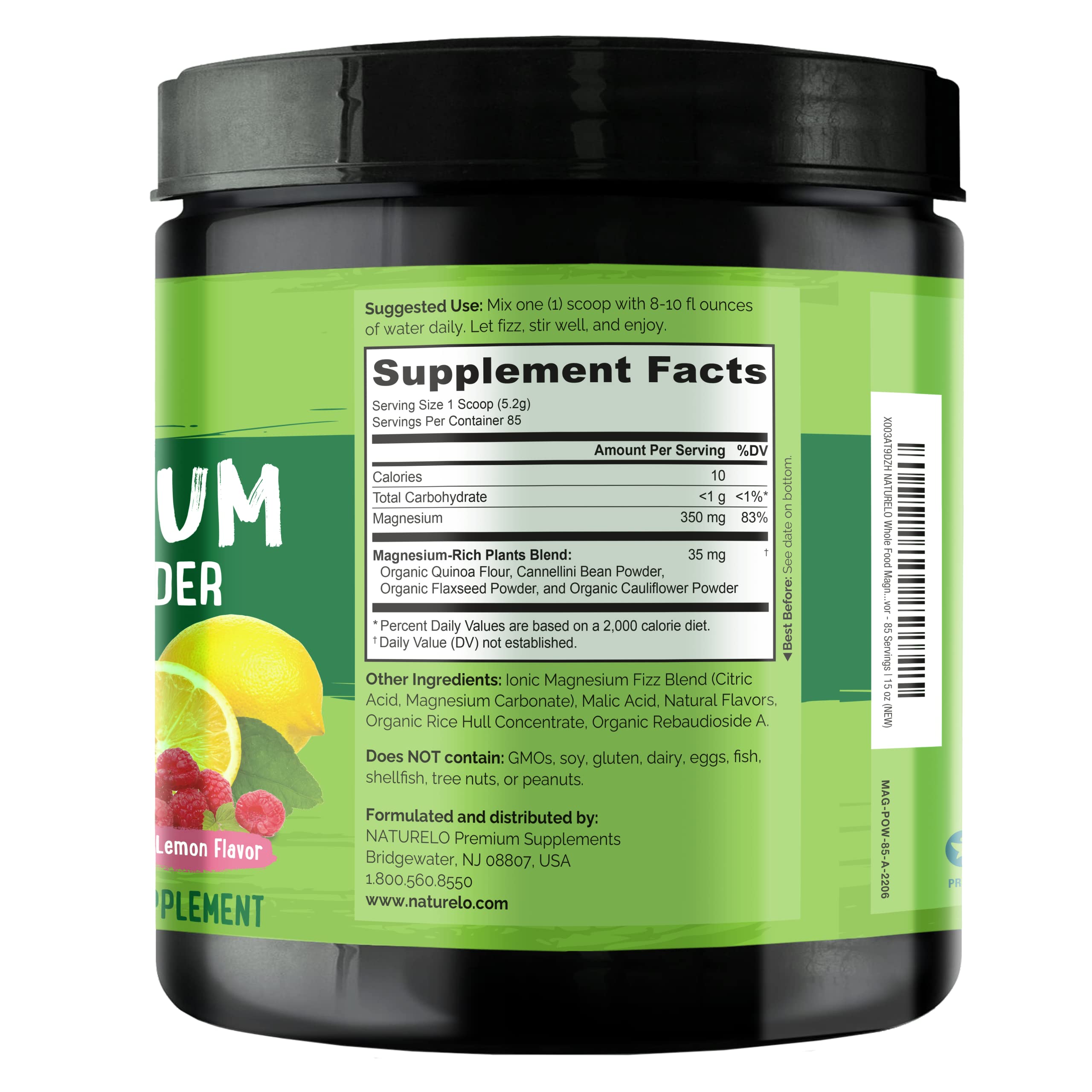 Naturelo Magnesium Powder – Whole Food Calm Magnesium with Quinoa, Cauliflower & Flaxseed (Raspberry Lemon, 85 Servings, 15oz)