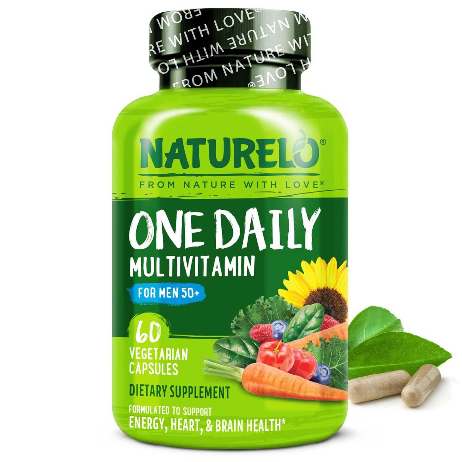 NATURELO Men's Multivitamin 50+ | One Daily Vitamin with Organic Whole Foods | Non-GMO, 60 Veg Capsules